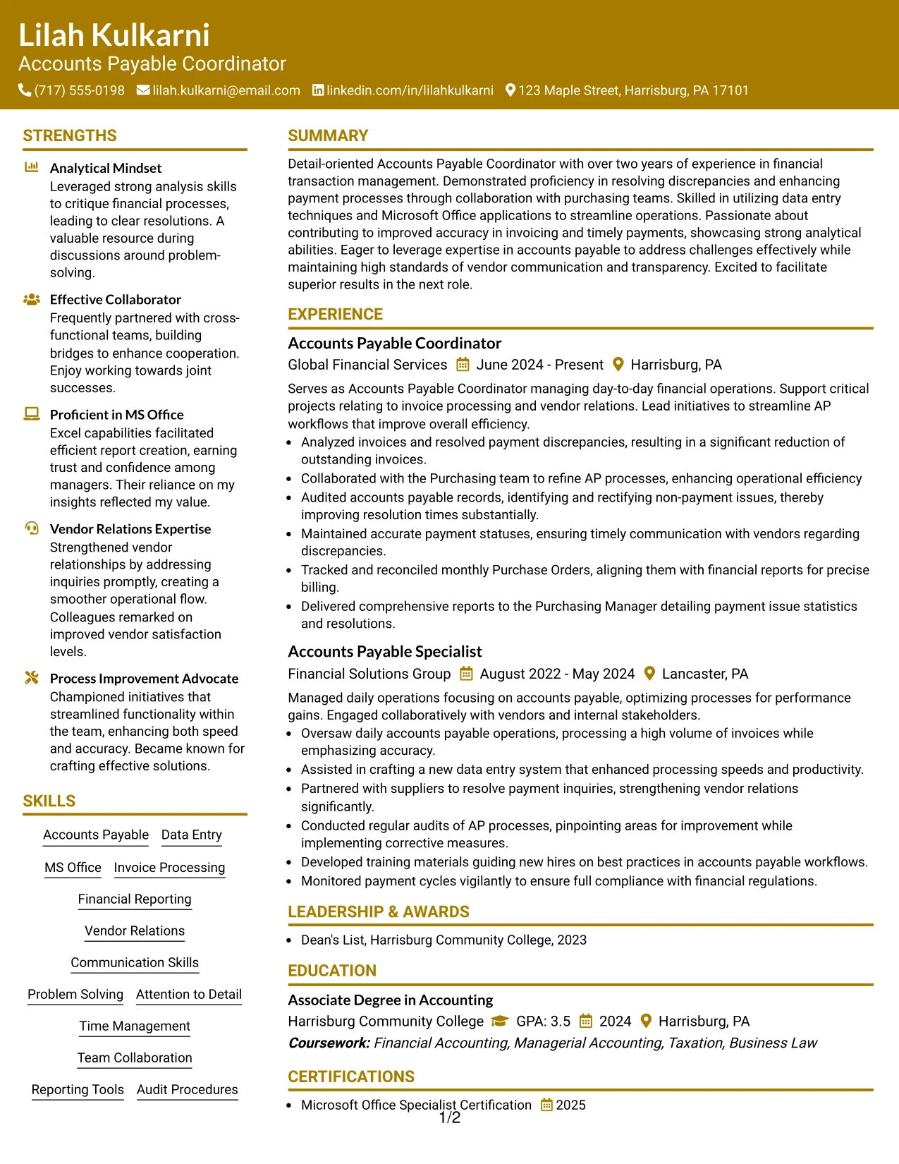 Resume Example Page 1