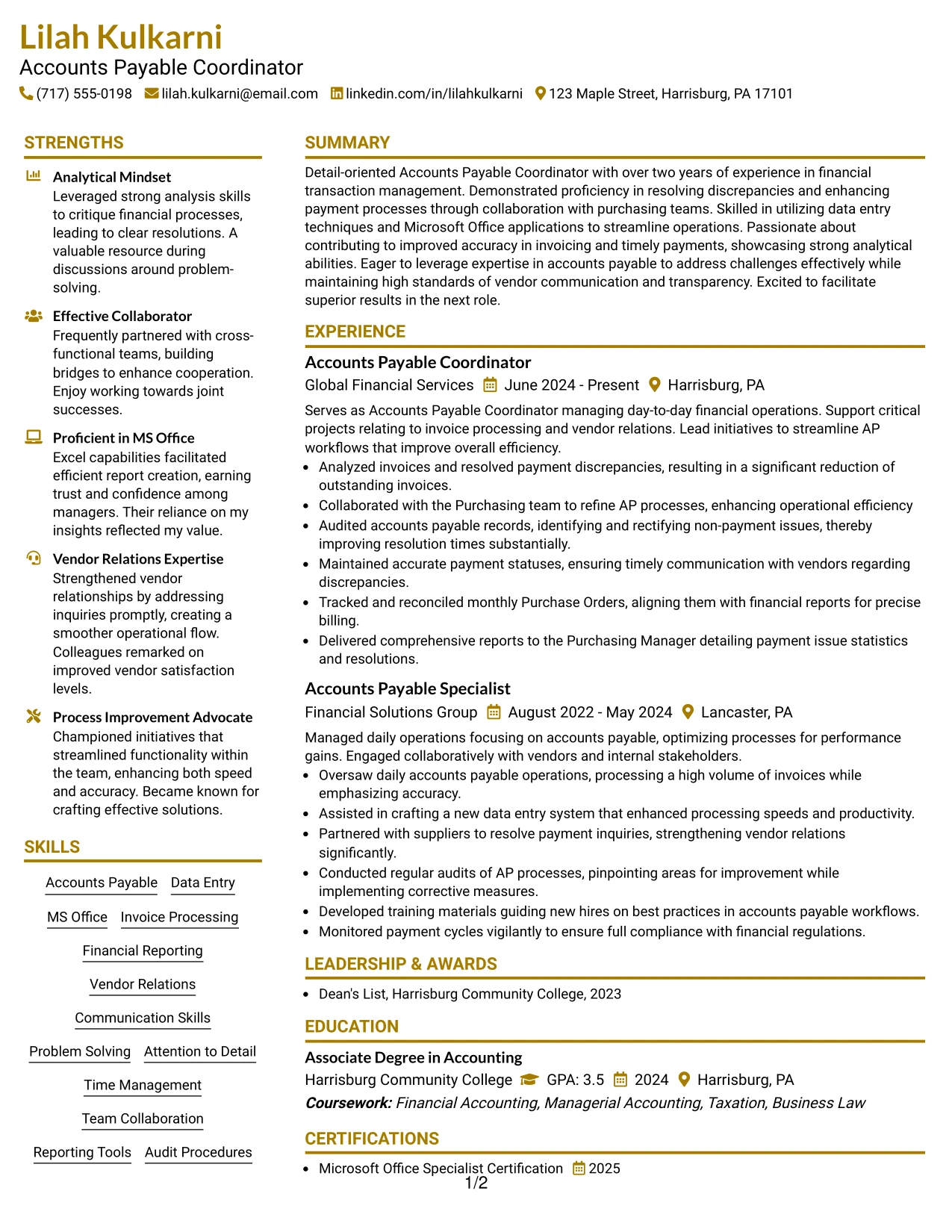 Resume Example Page 1