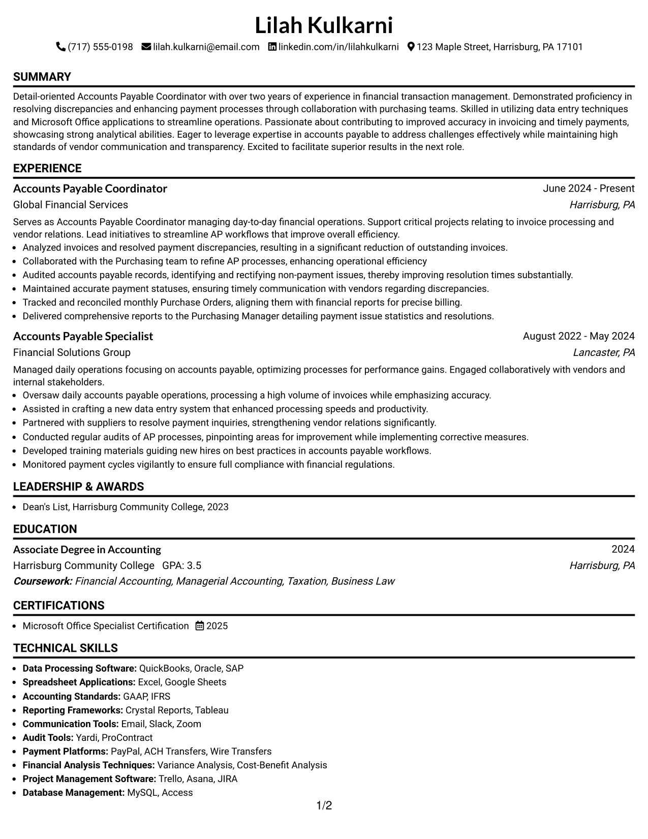 Resume Example Page 1