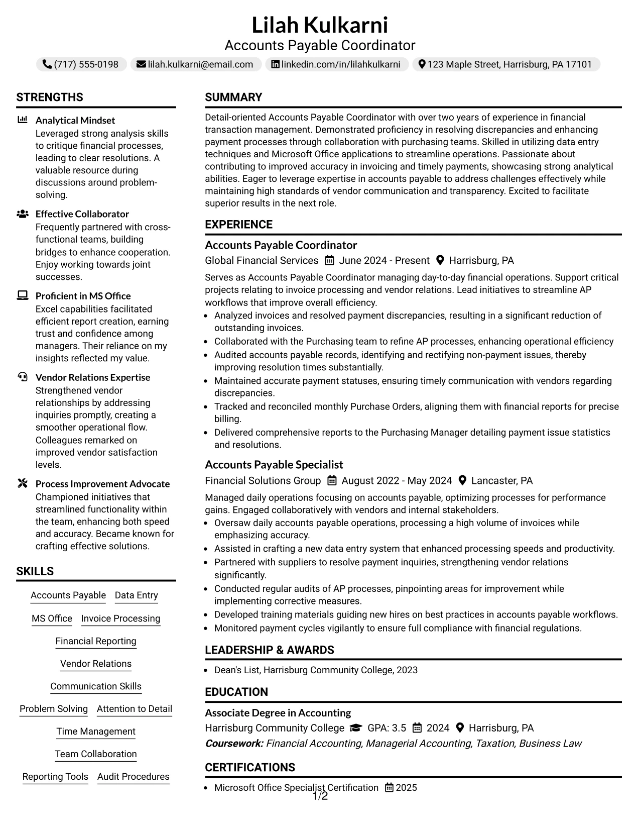 Resume Example Page 1