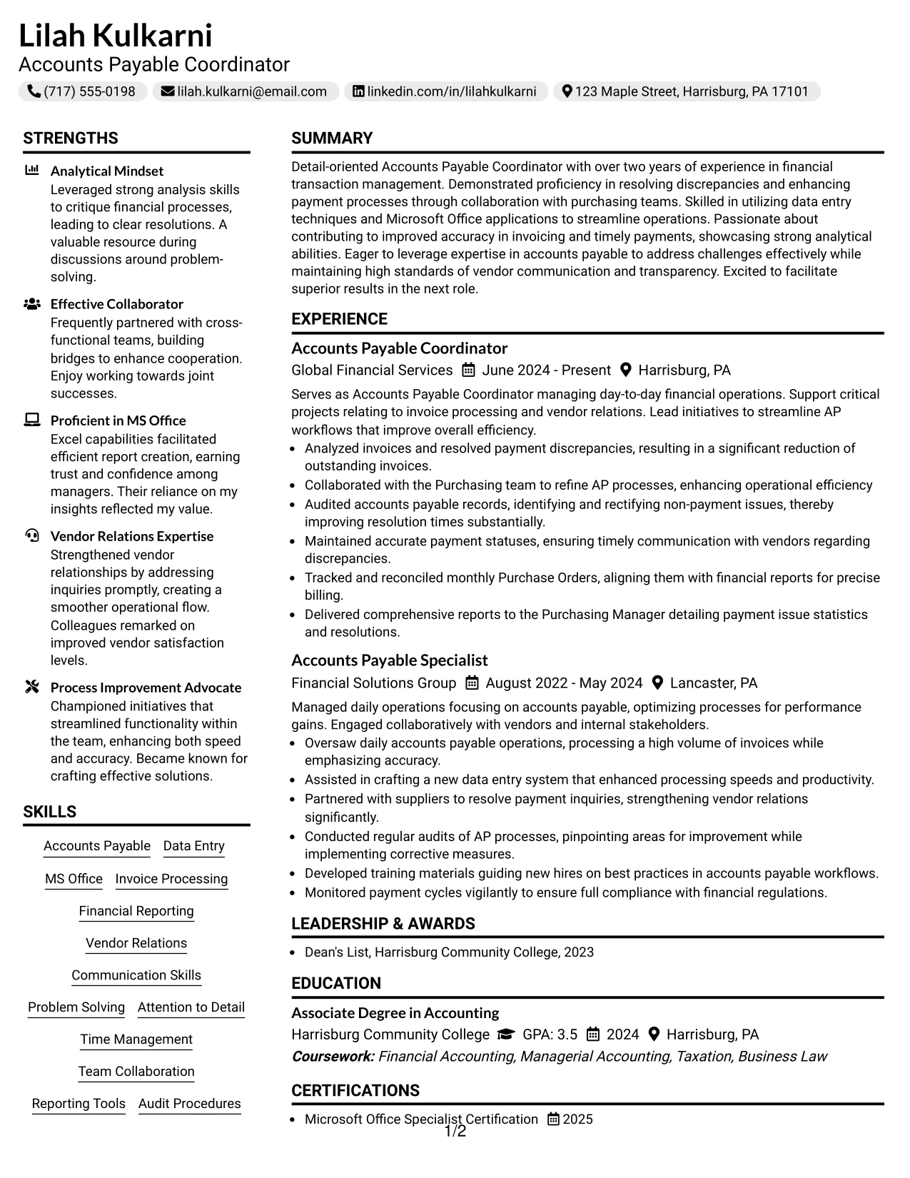 Resume Example Page 1