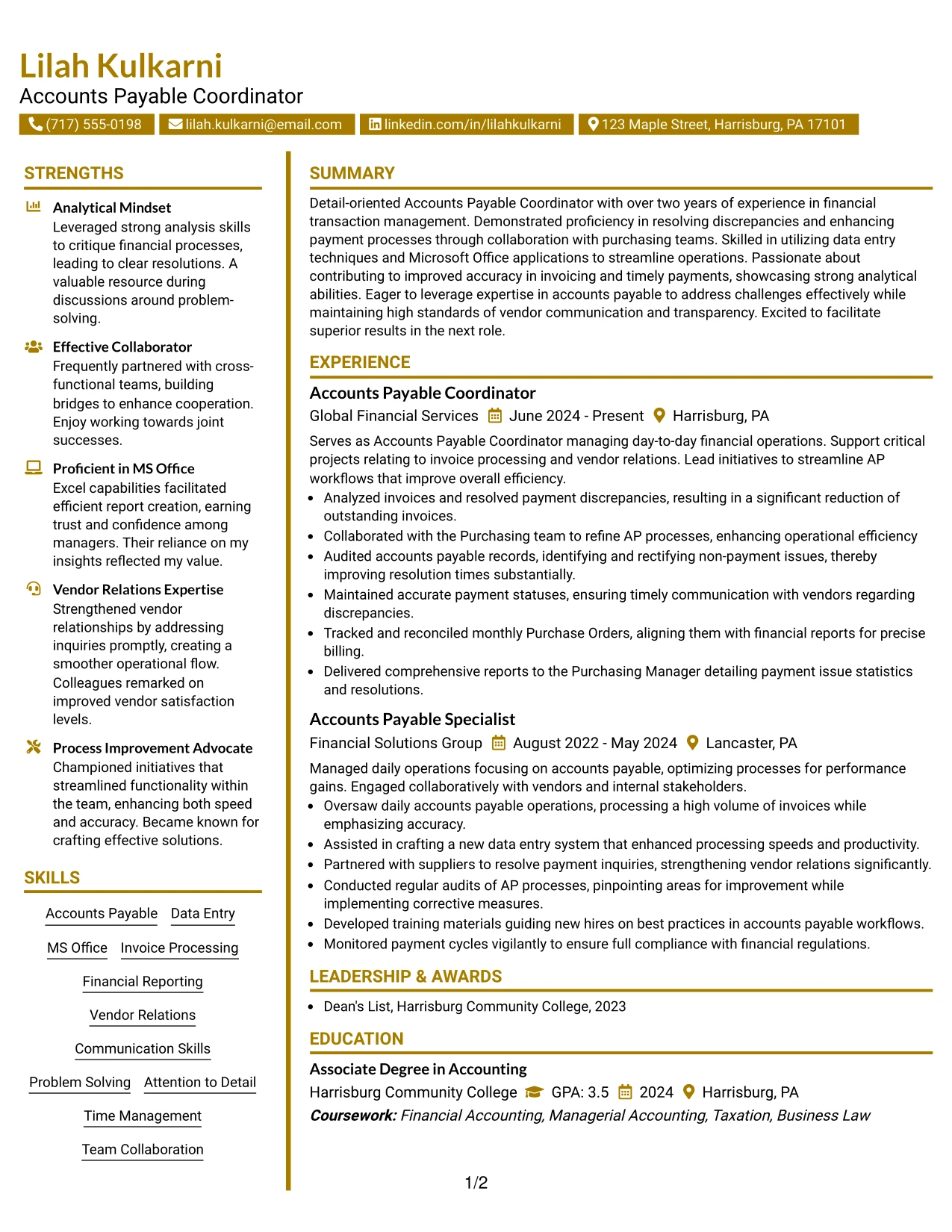 Resume Example Page 1