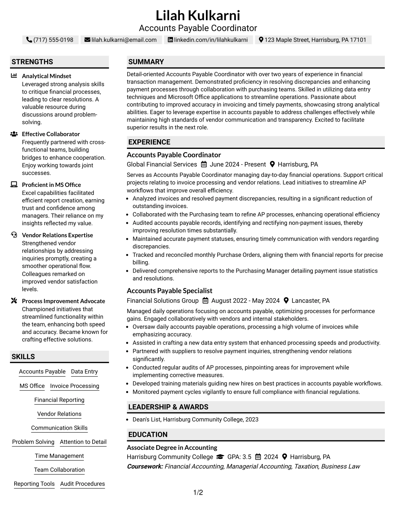 Resume Example Page 1