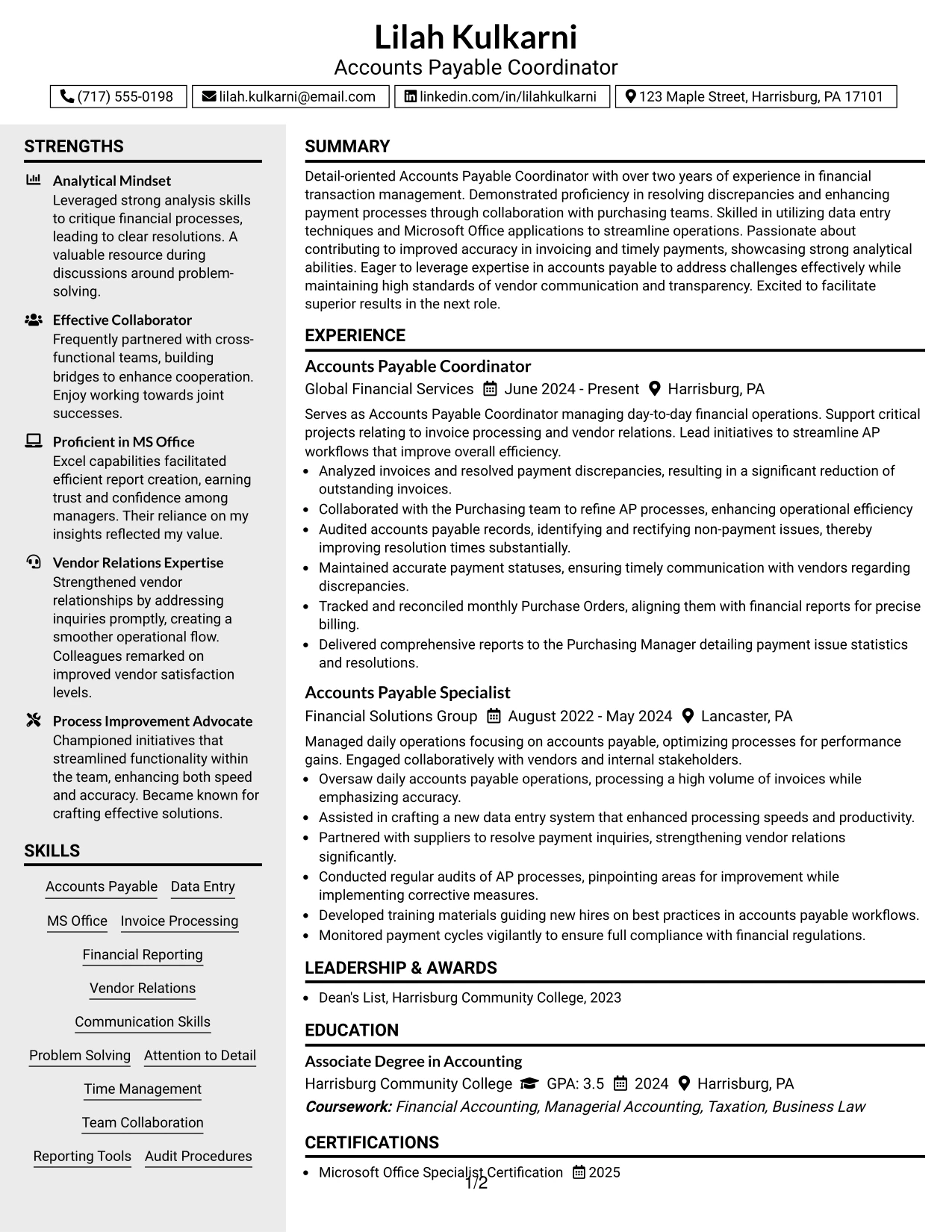 Resume Example Page 1