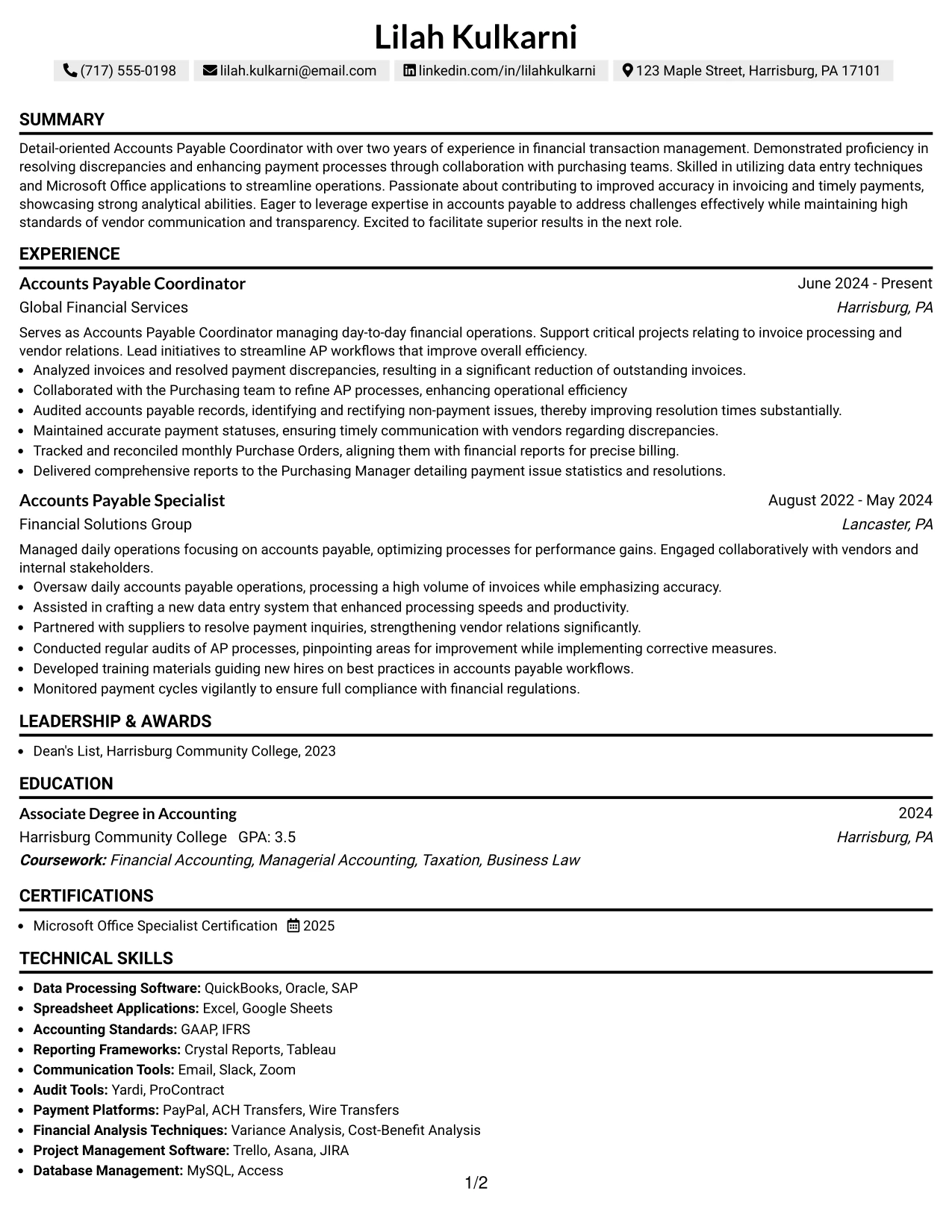 Resume Example Page 1
