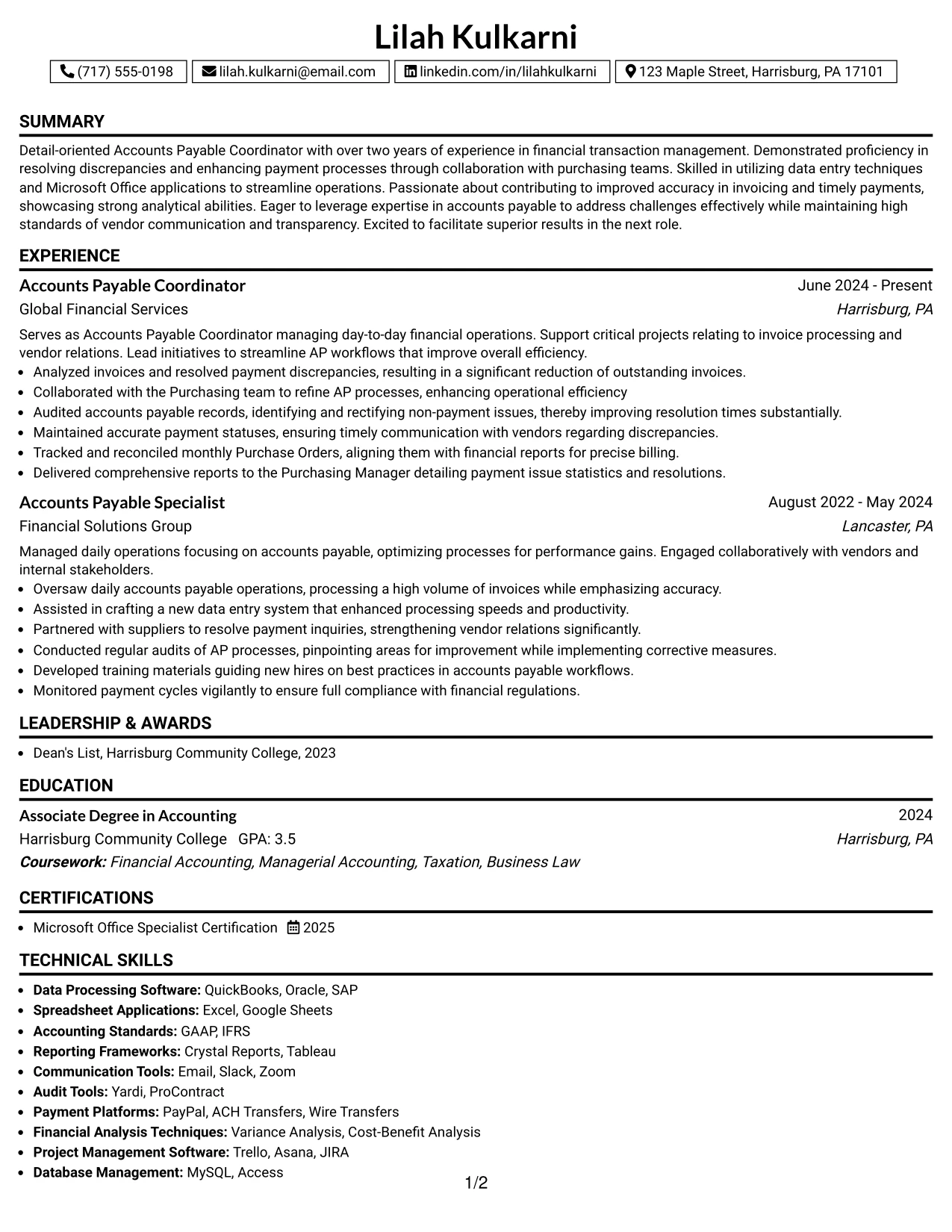 Resume Example Page 1