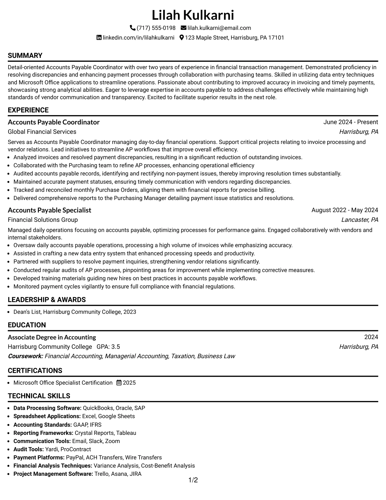 Resume Example Page 1