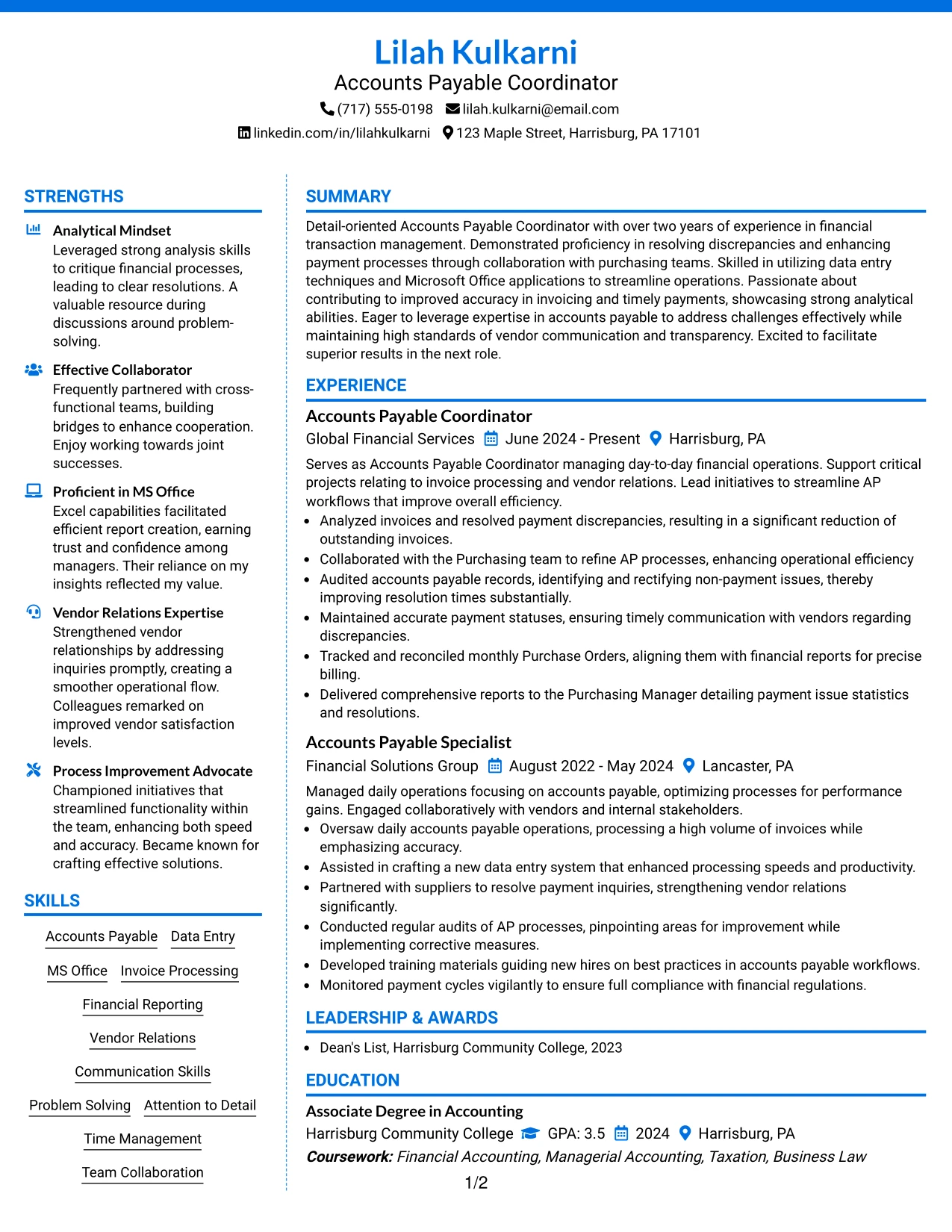 Resume Example Page 1