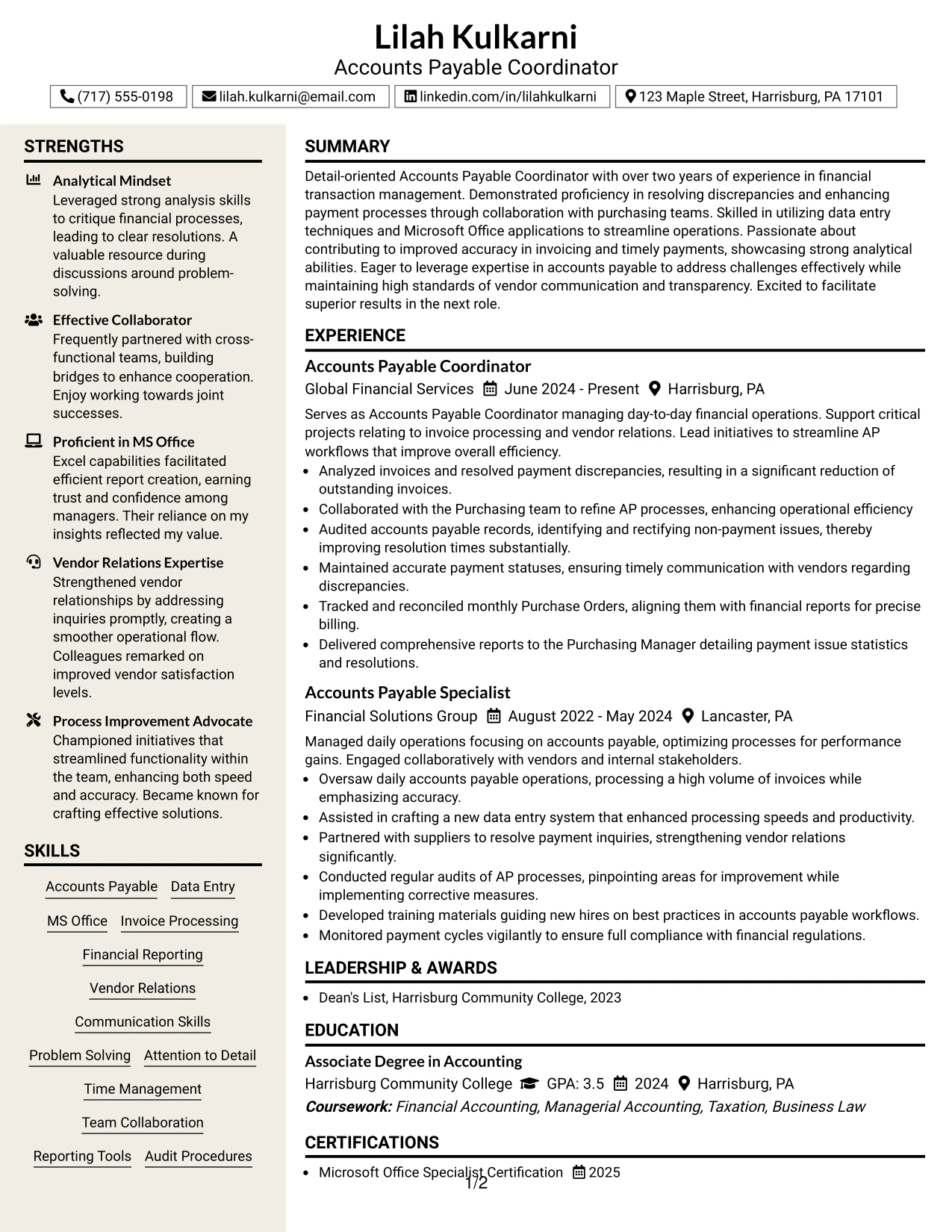 Resume Example Page 1