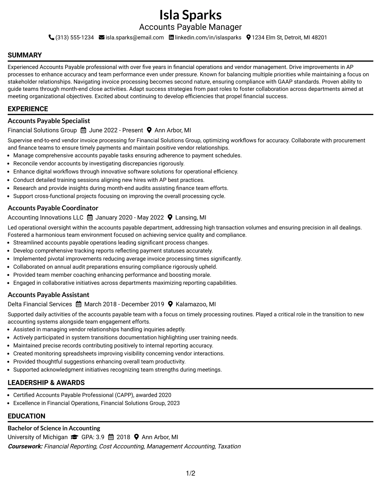 Resume Example Page 1