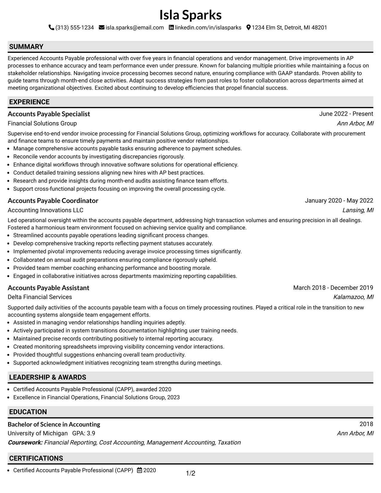 Resume Example Page 1