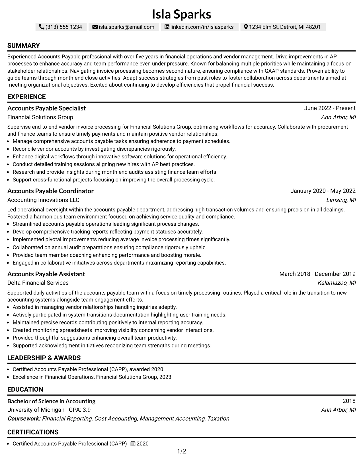 Resume Example Page 1