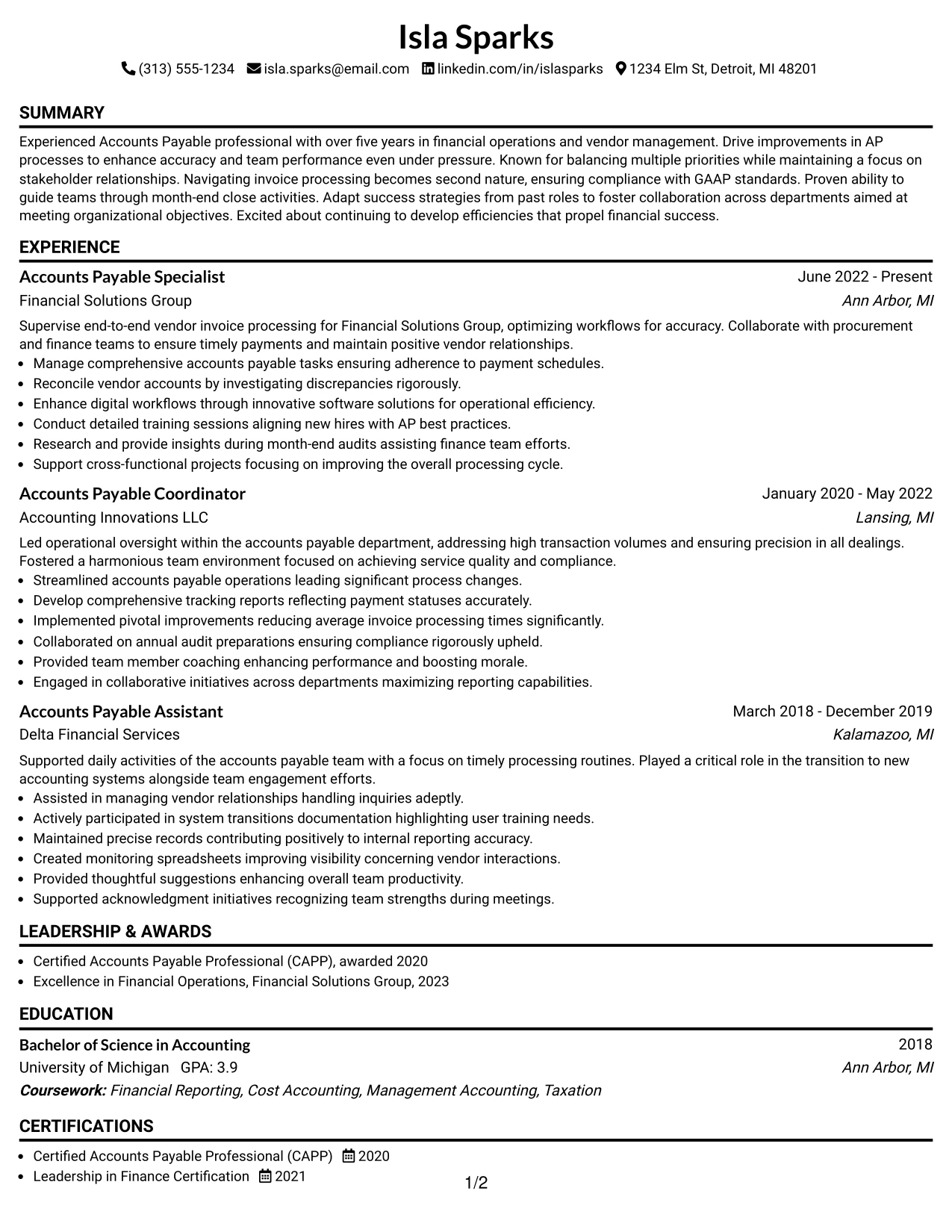 Resume Example Page 1