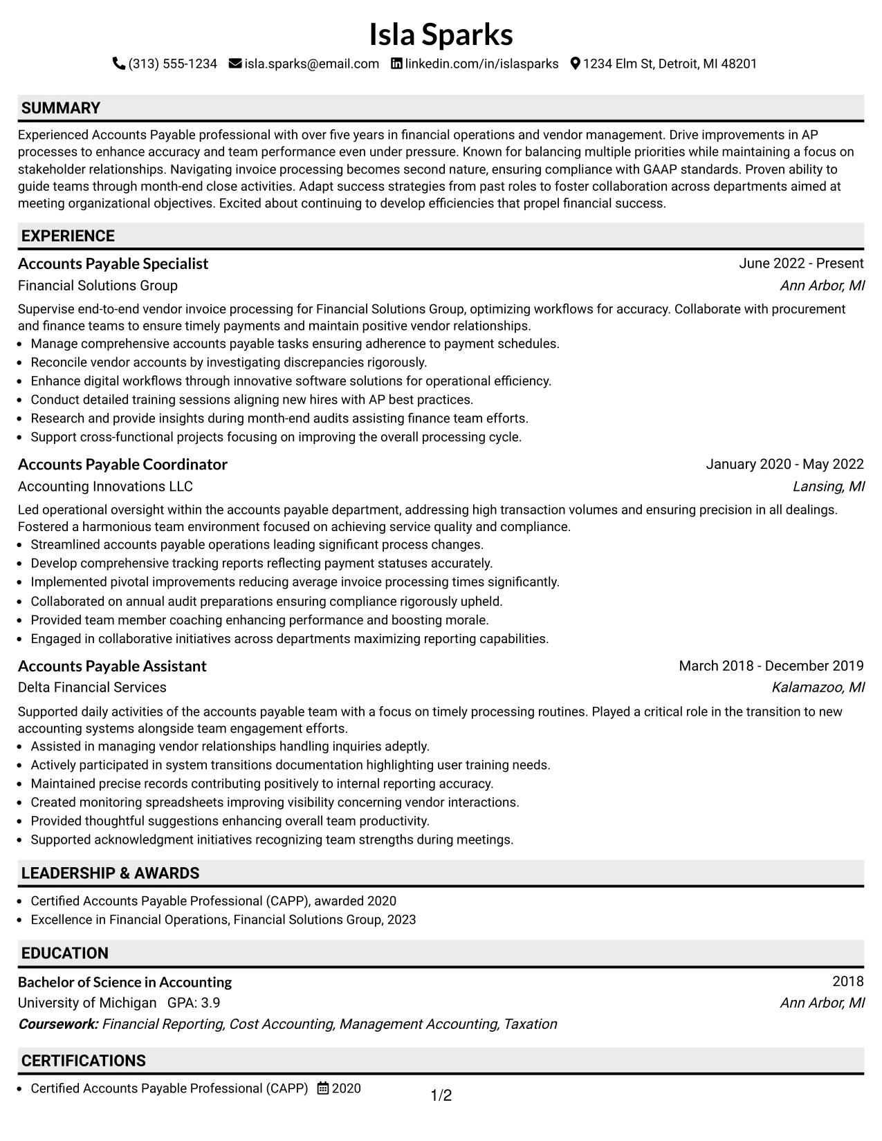 Resume Example Page 1