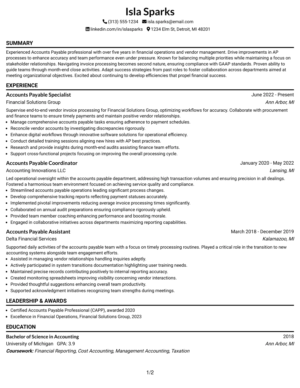 Resume Example Page 1