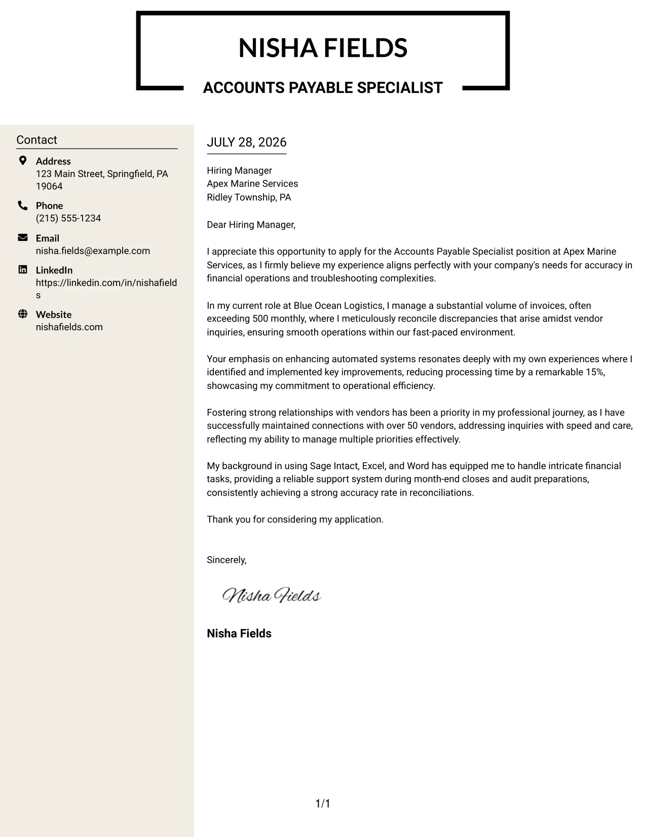 Resume Example Page 1