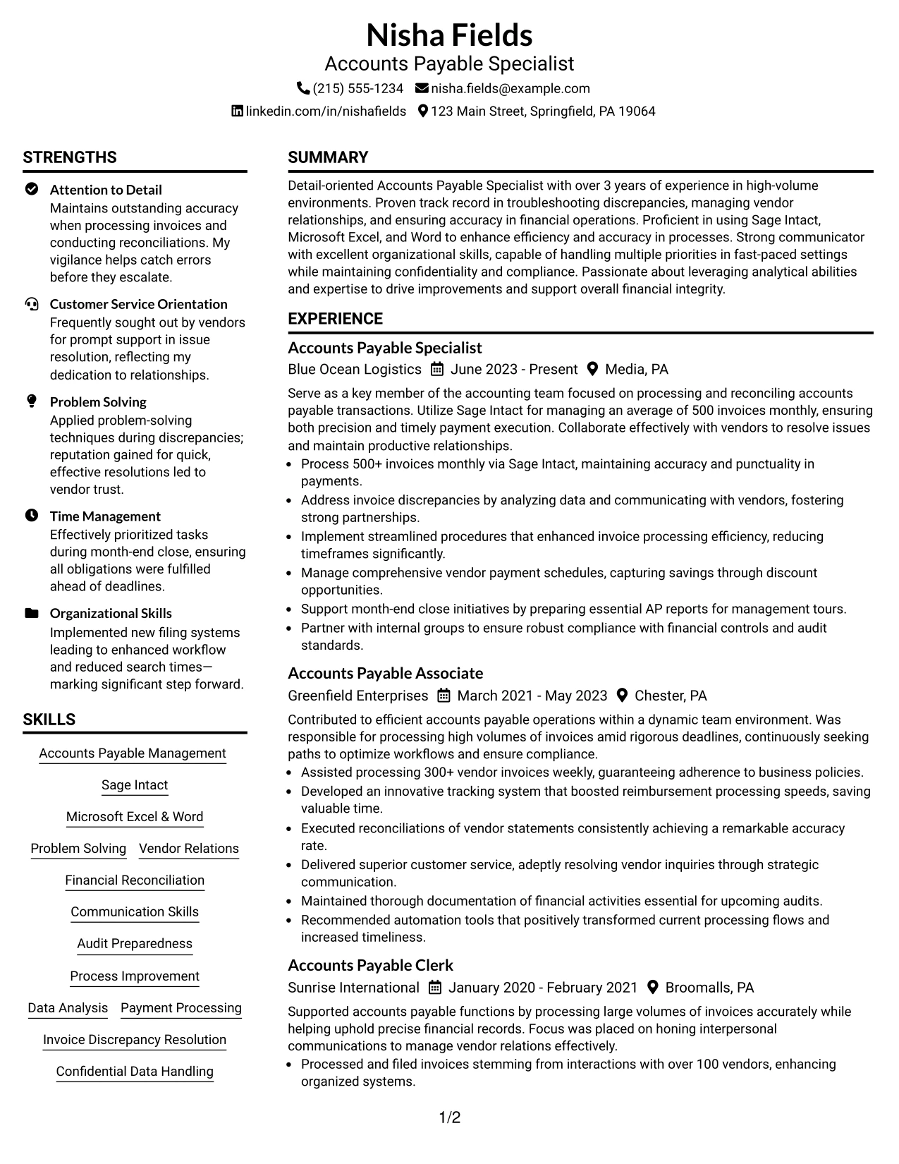 Resume Example Page 1