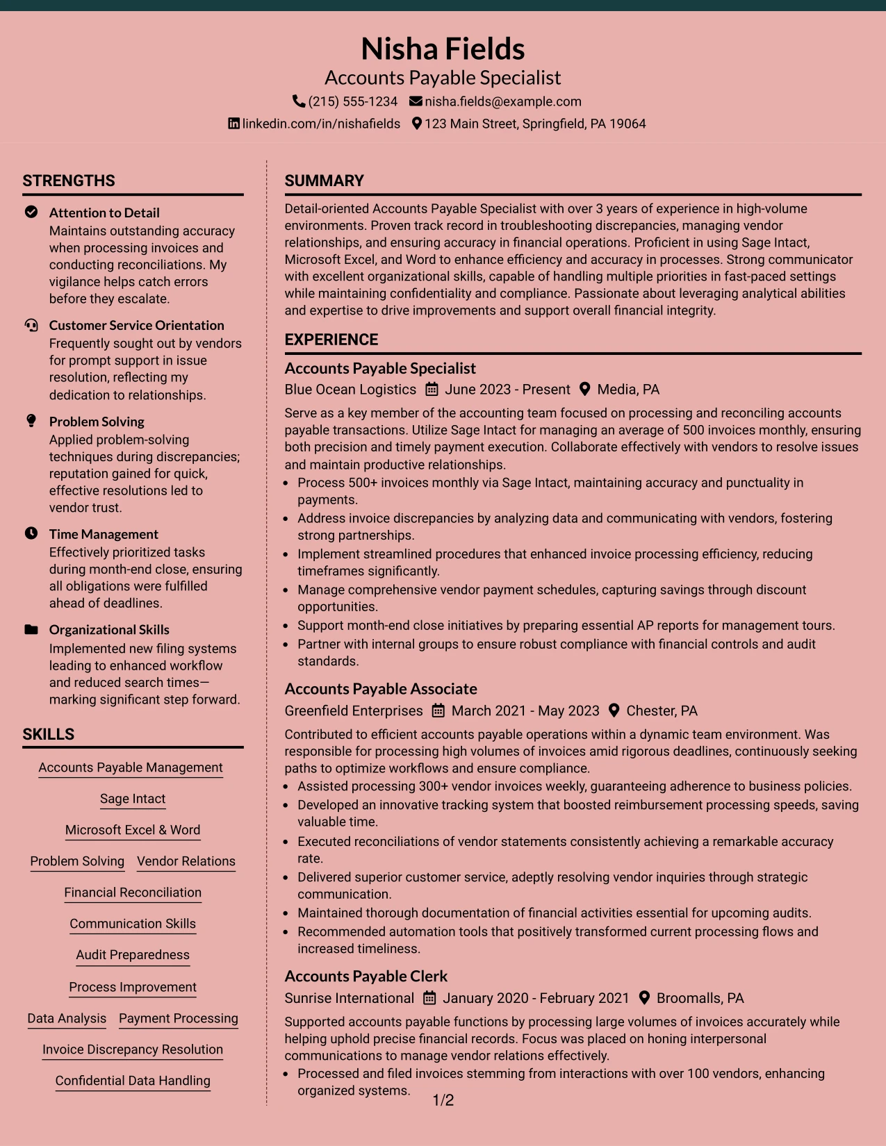 Resume Example Page 1