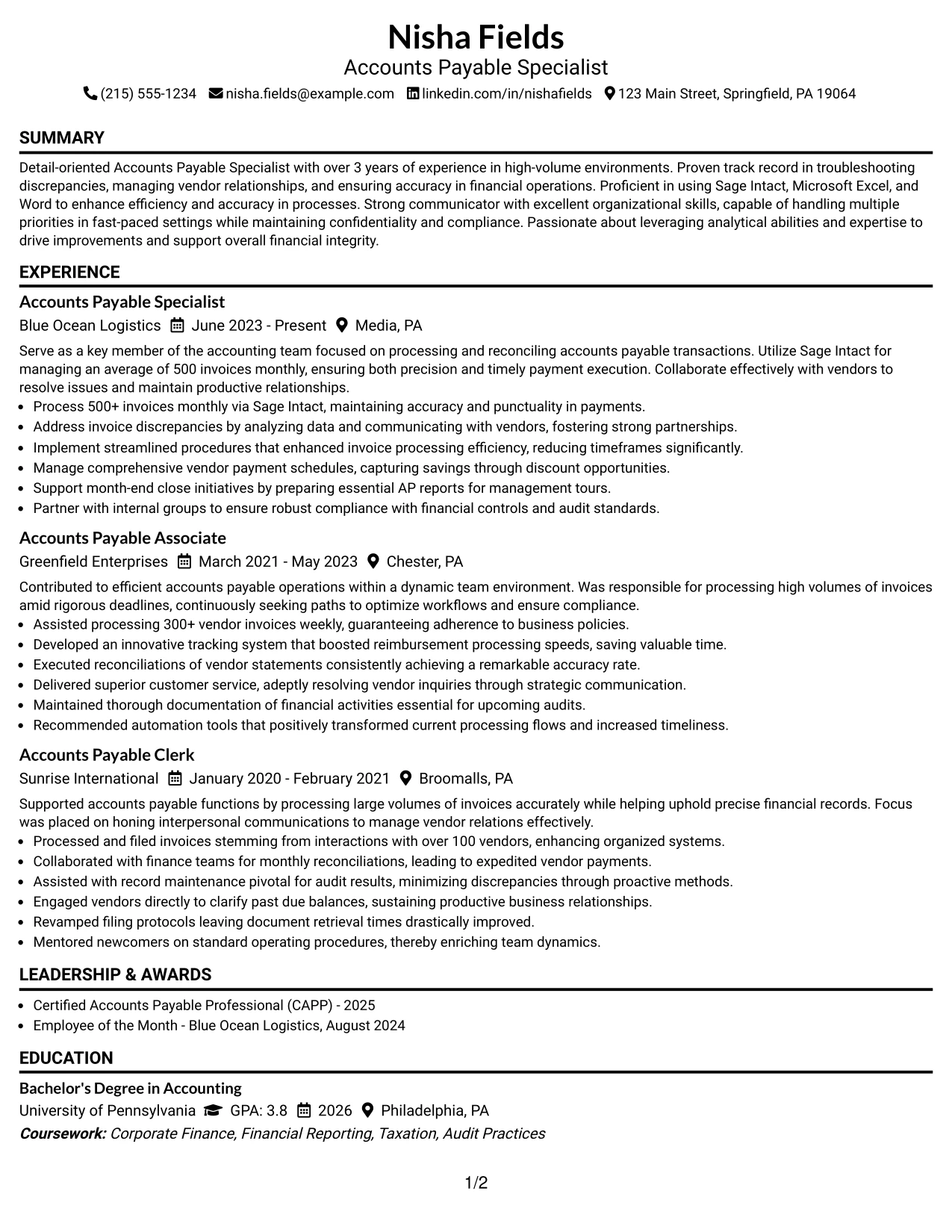 Resume Example Page 1