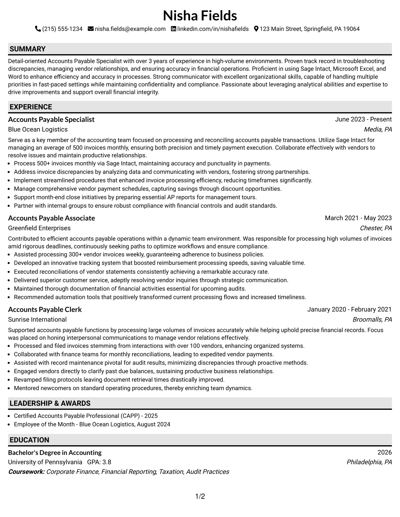 Resume Example Page 1