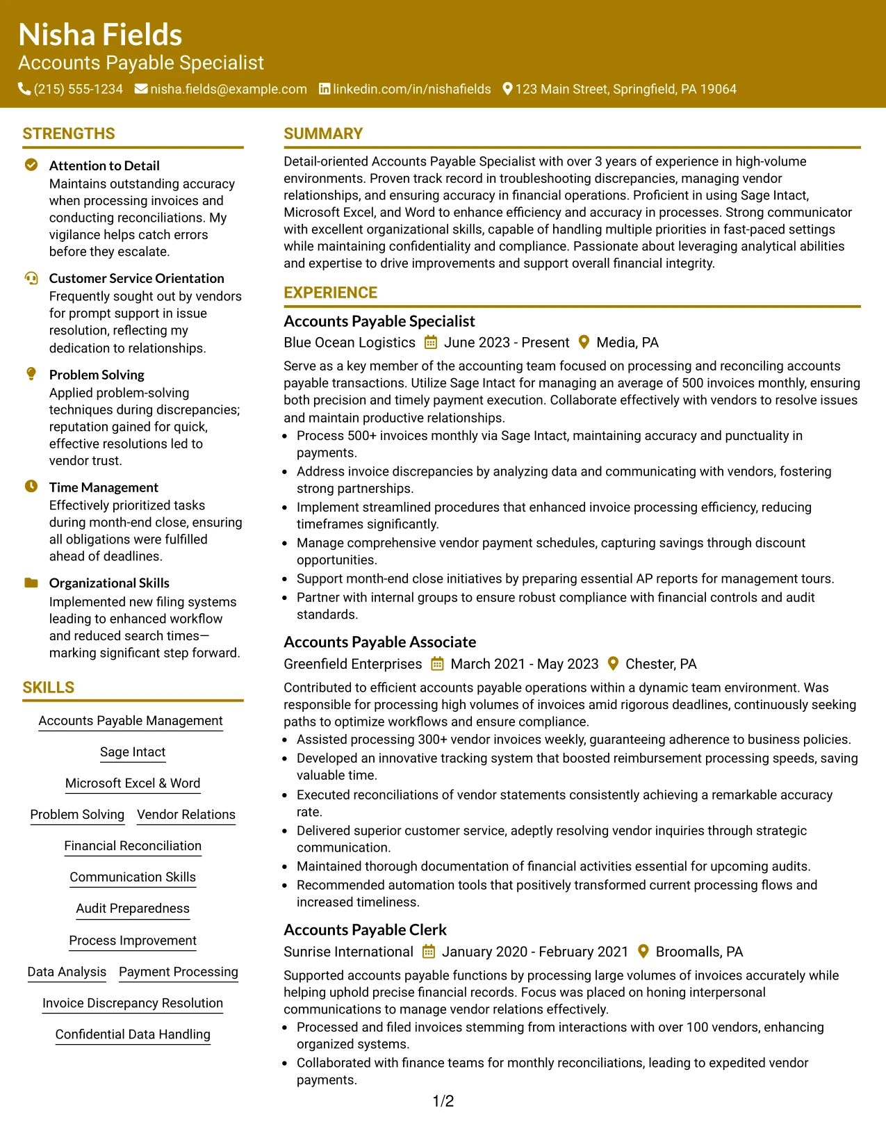 Resume Example Page 1