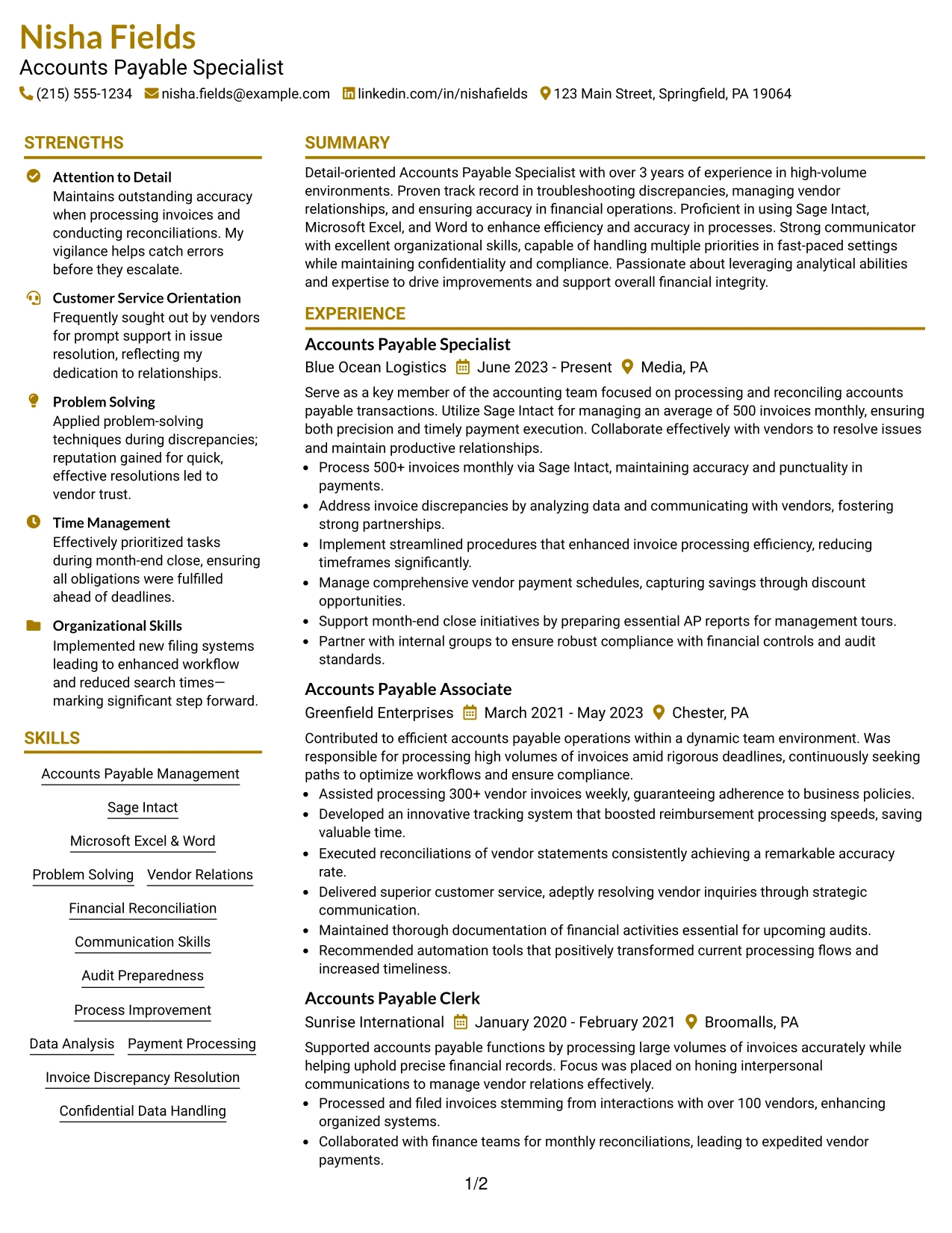 Resume Example Page 1