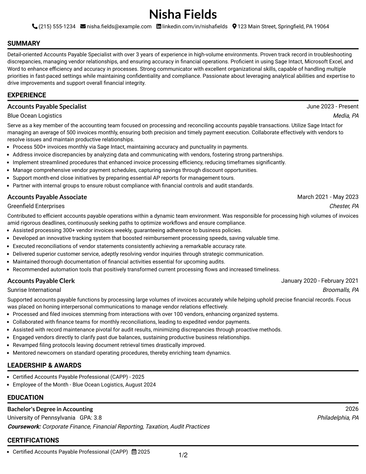 Resume Example Page 1