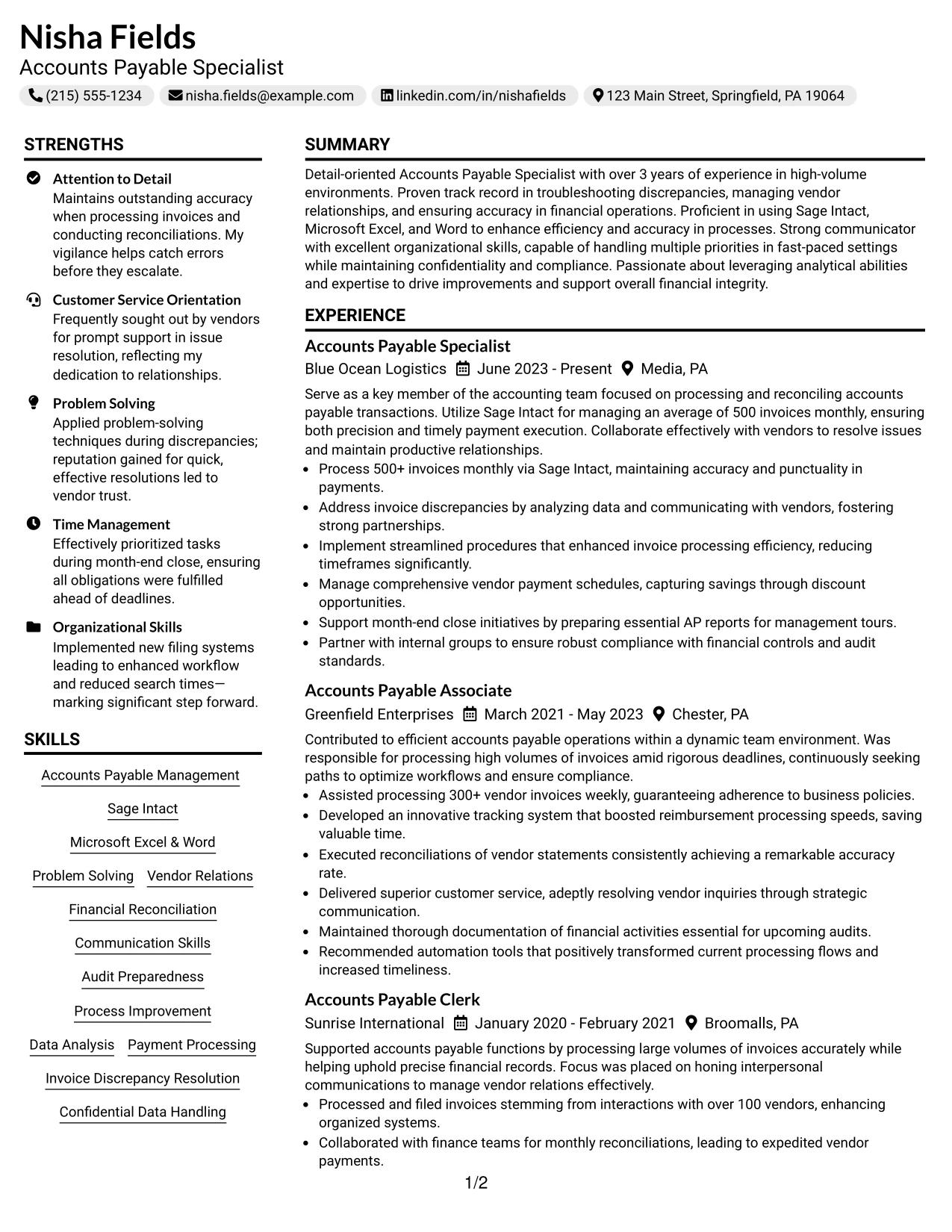 Resume Example Page 1