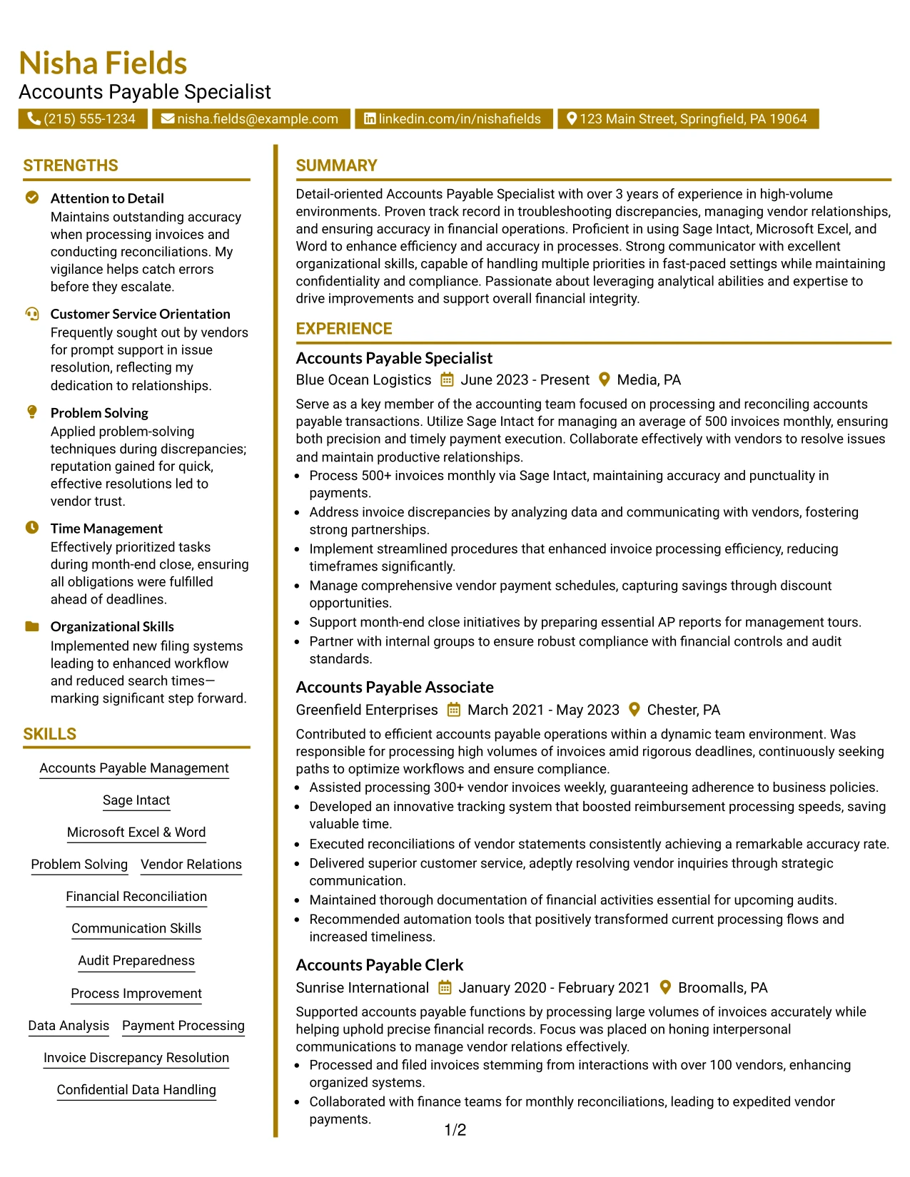 Resume Example Page 1