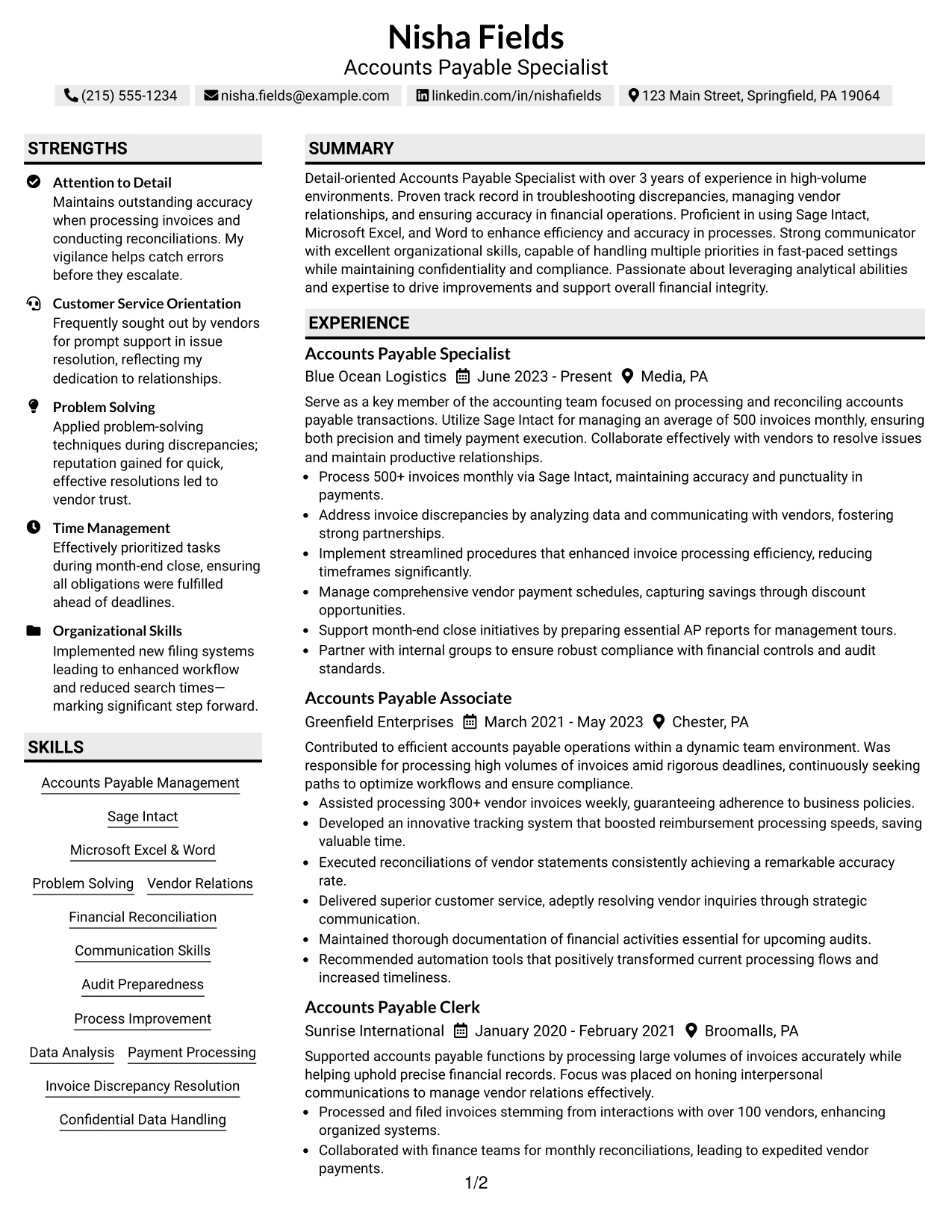 Resume Example Page 1
