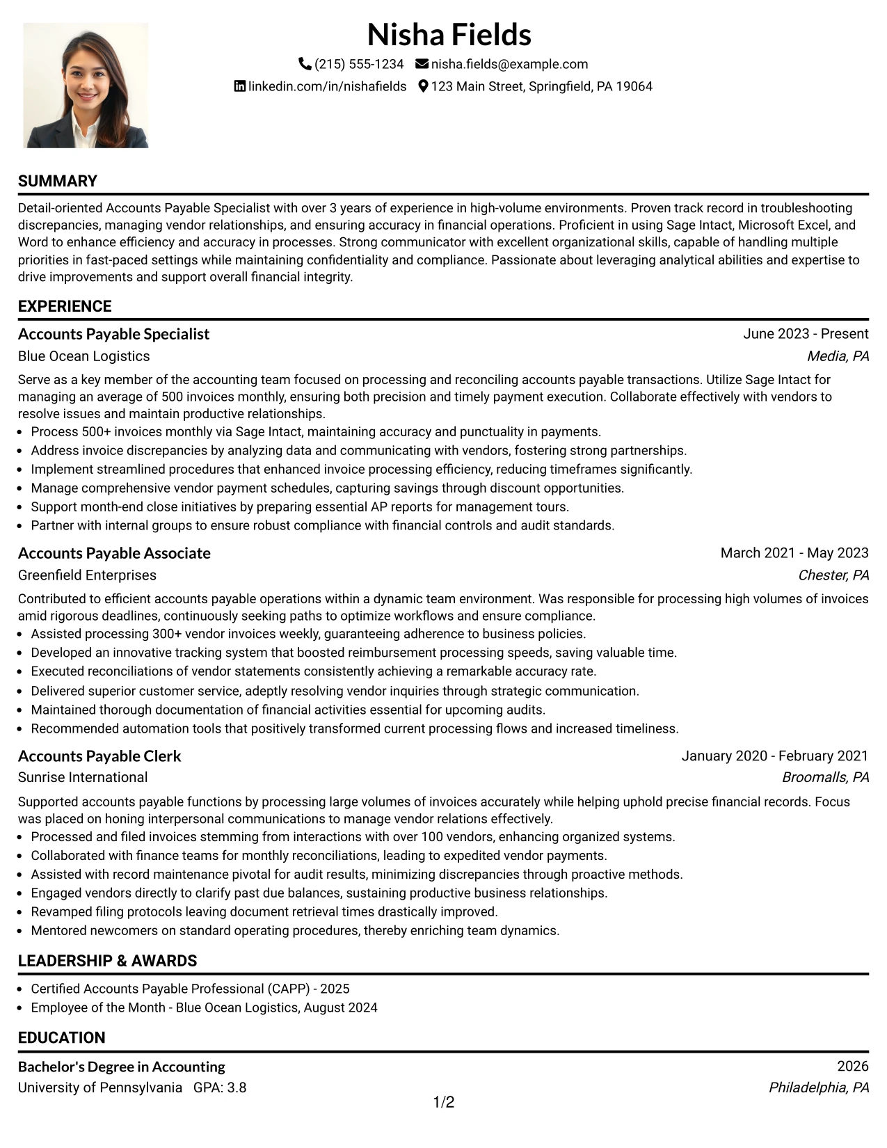 Resume Example Page 1