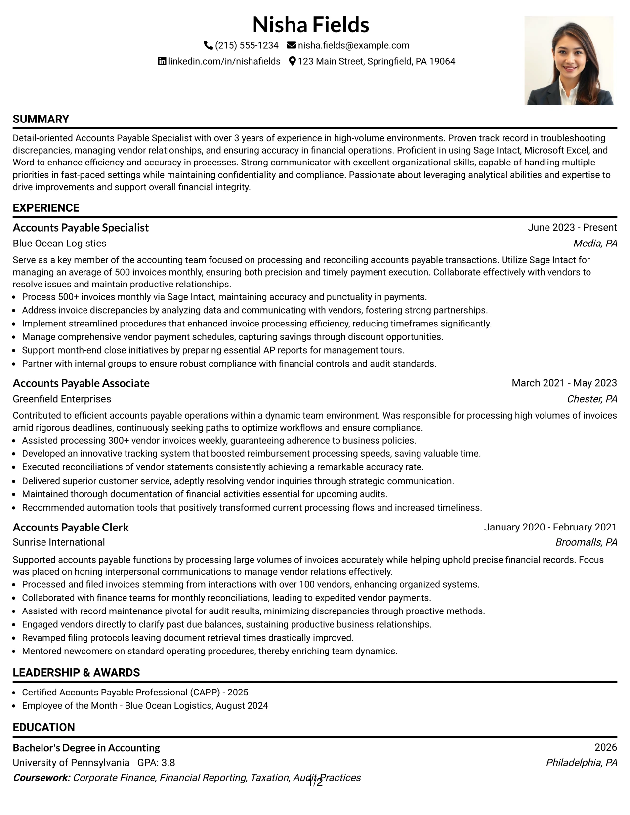 Resume Example Page 1