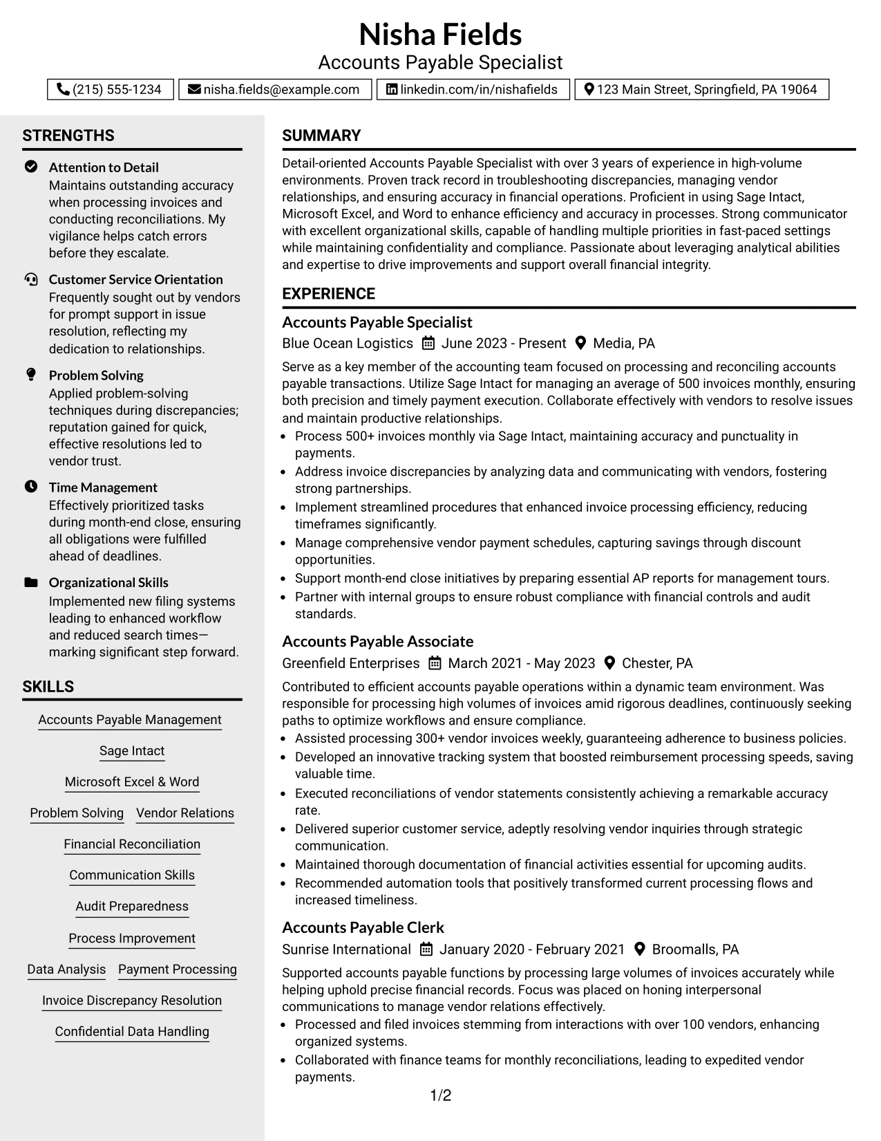 Resume Example Page 1