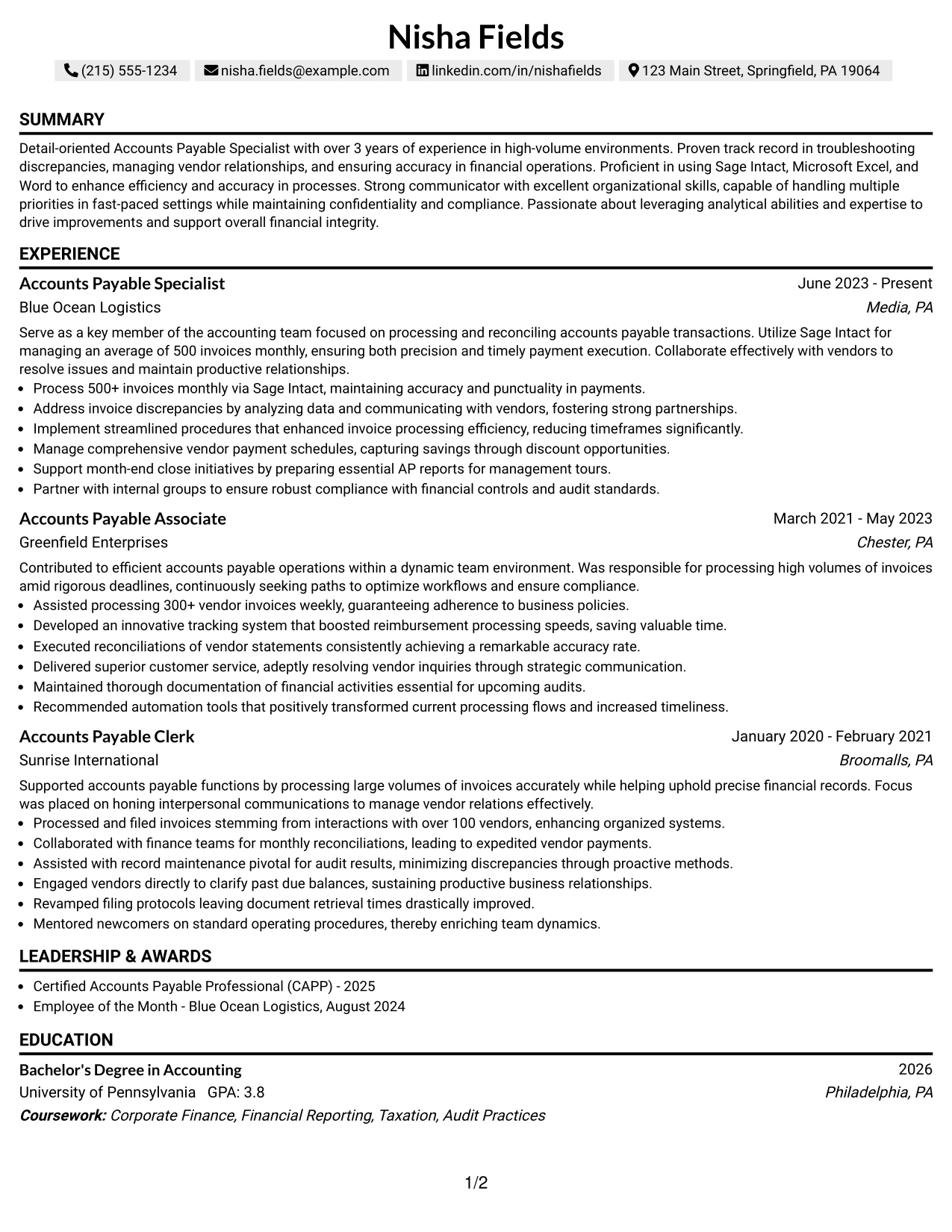 Resume Example Page 1