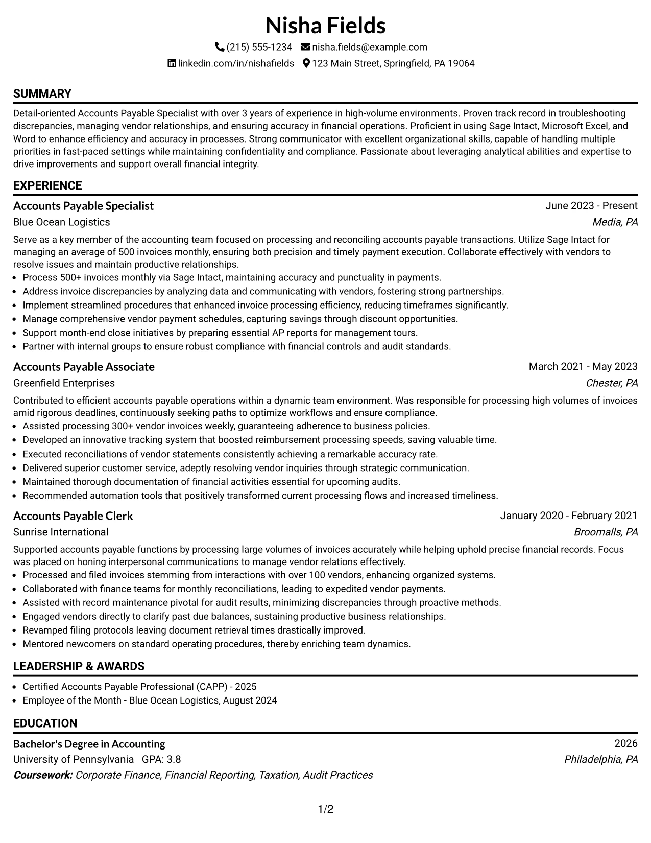 Resume Example Page 1