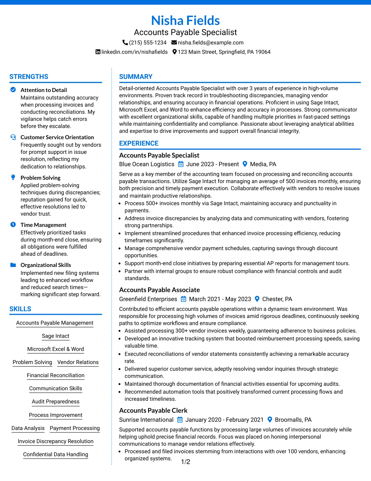 Resume Example Page 1