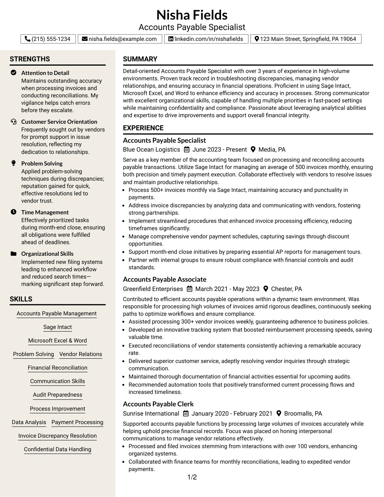 Resume Example Page 1