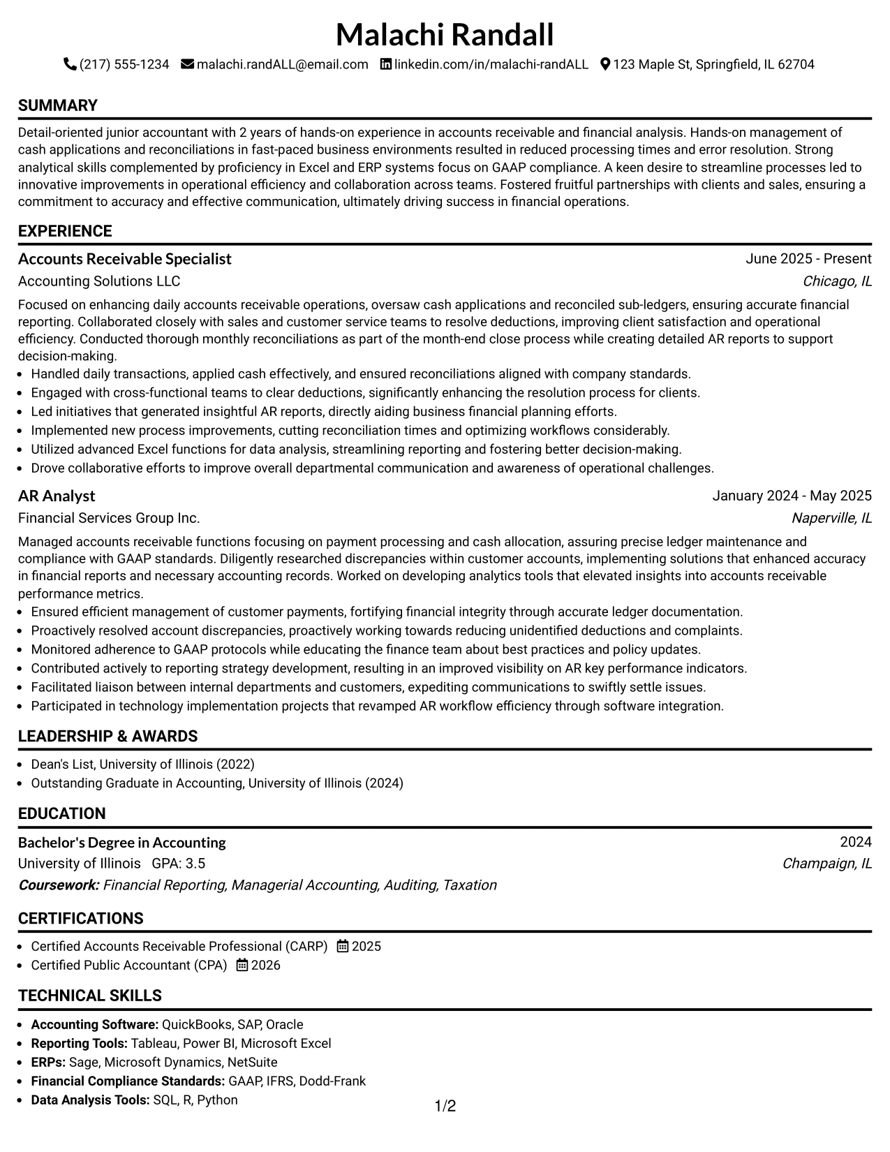 Resume Example Page 1