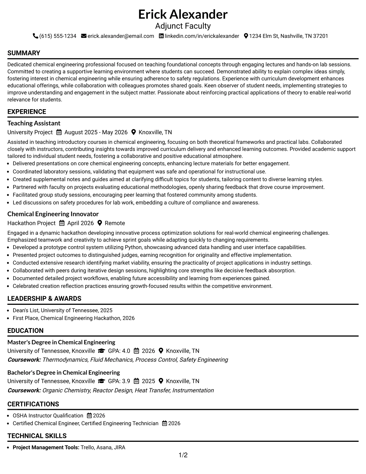 Resume Example Page 1
