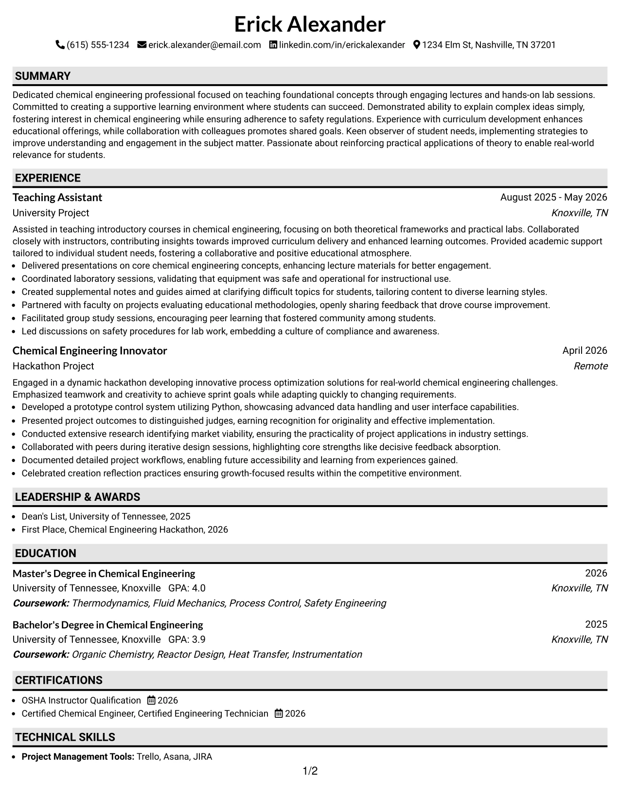 Resume Example Page 1