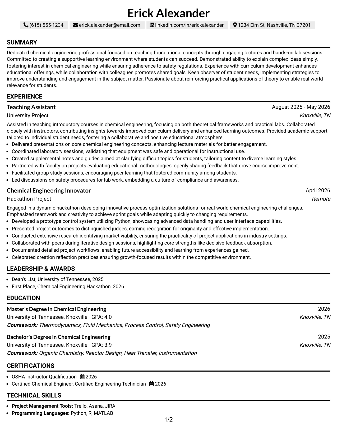 Resume Example Page 1