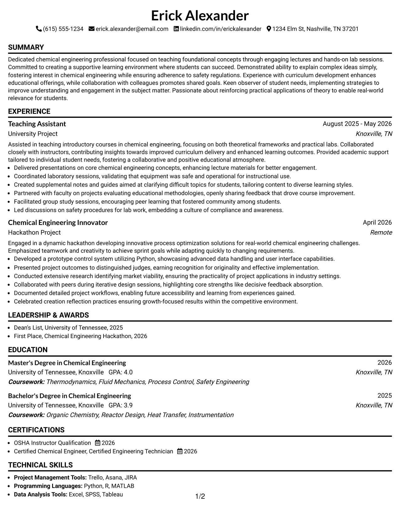 Resume Example Page 1
