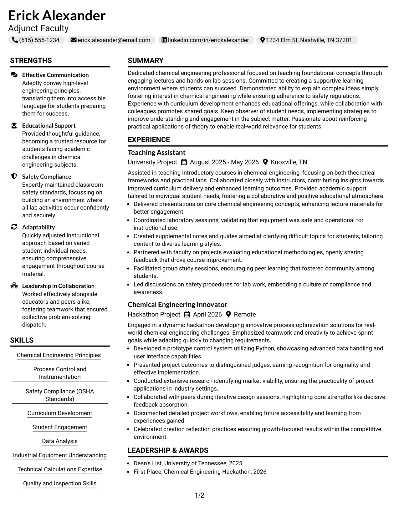 Resume Example Page 1