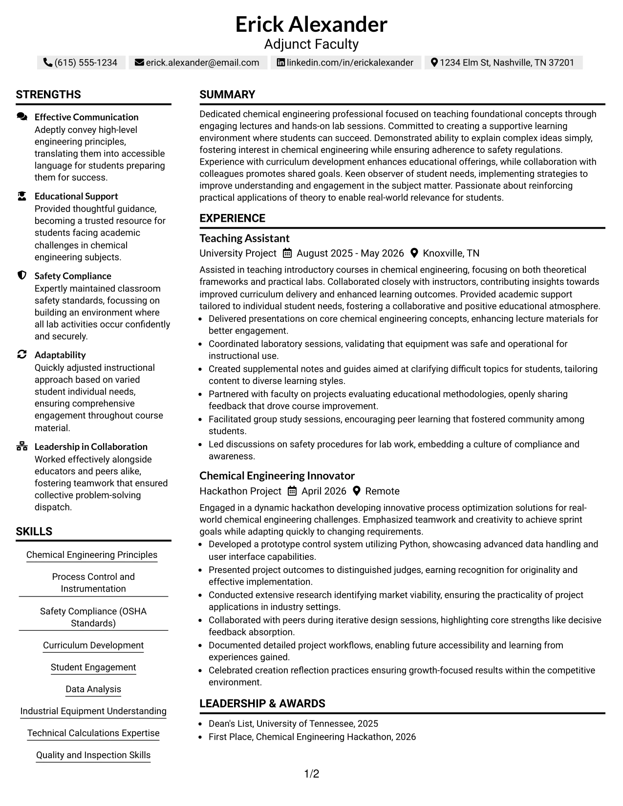 Resume Example Page 1