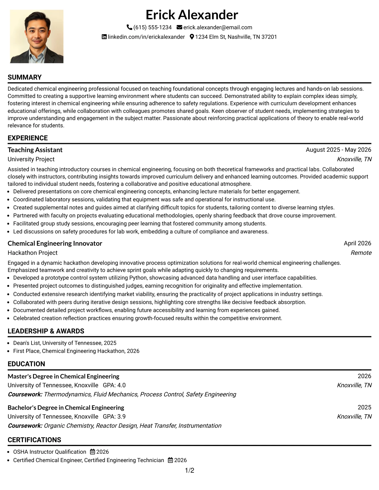 Resume Example Page 1