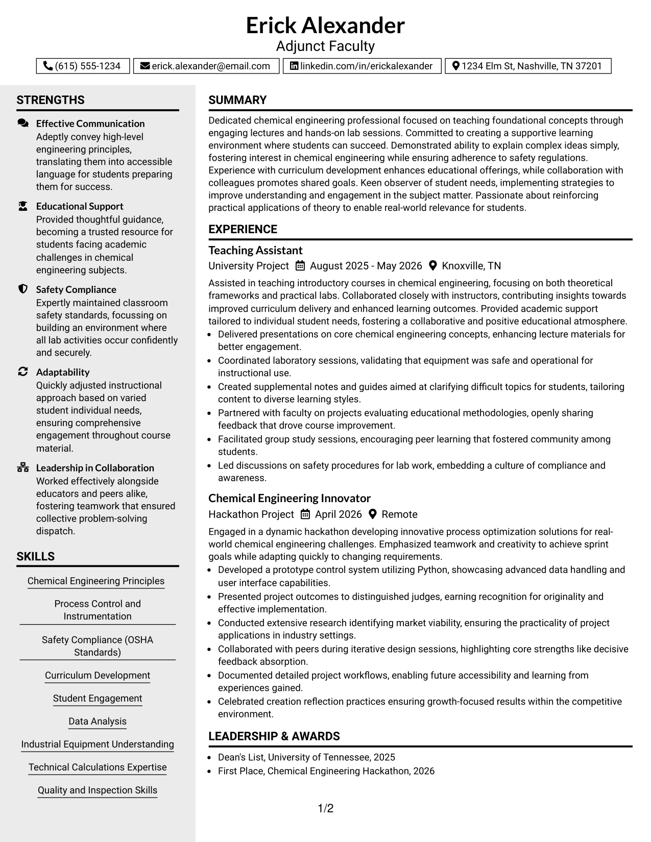 Resume Example Page 1