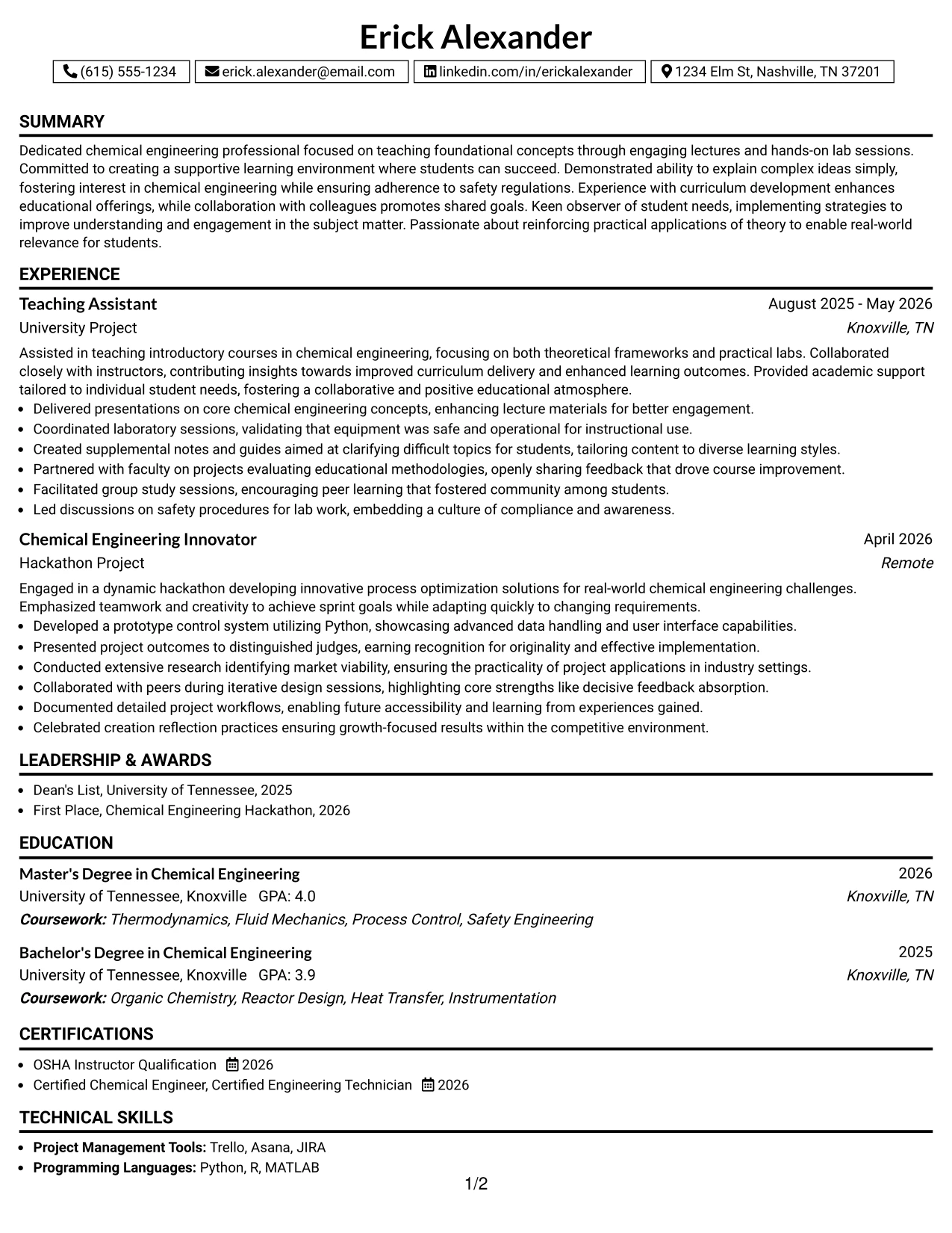 Resume Example Page 1