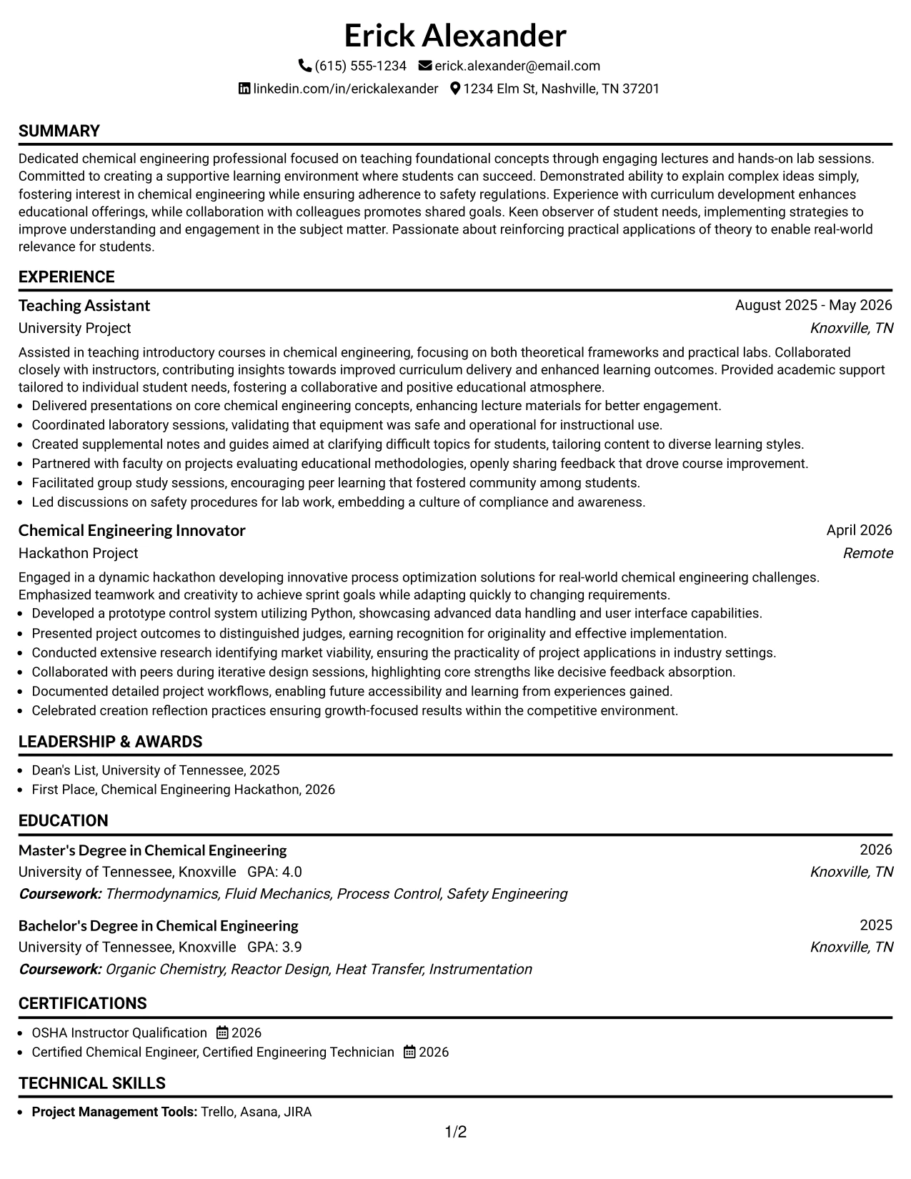 Resume Example Page 1