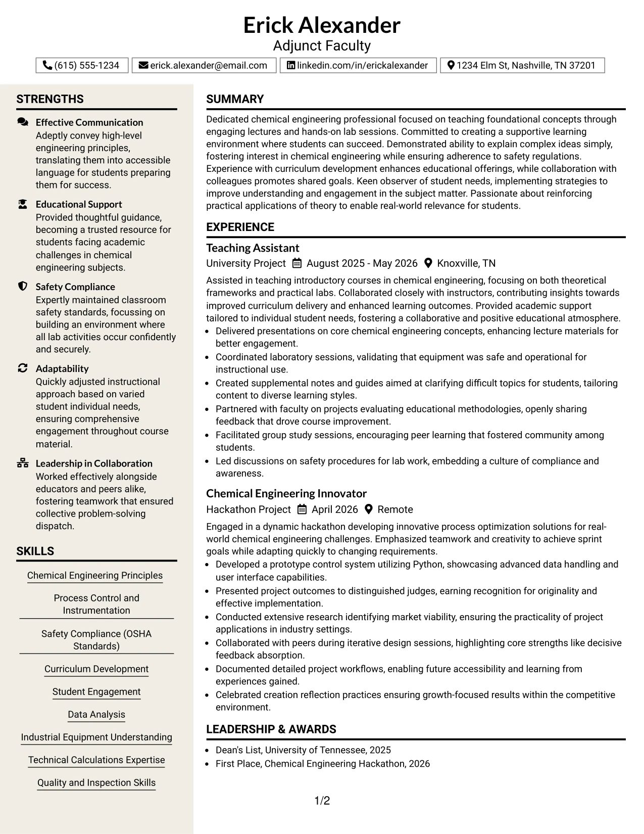 Resume Example Page 1