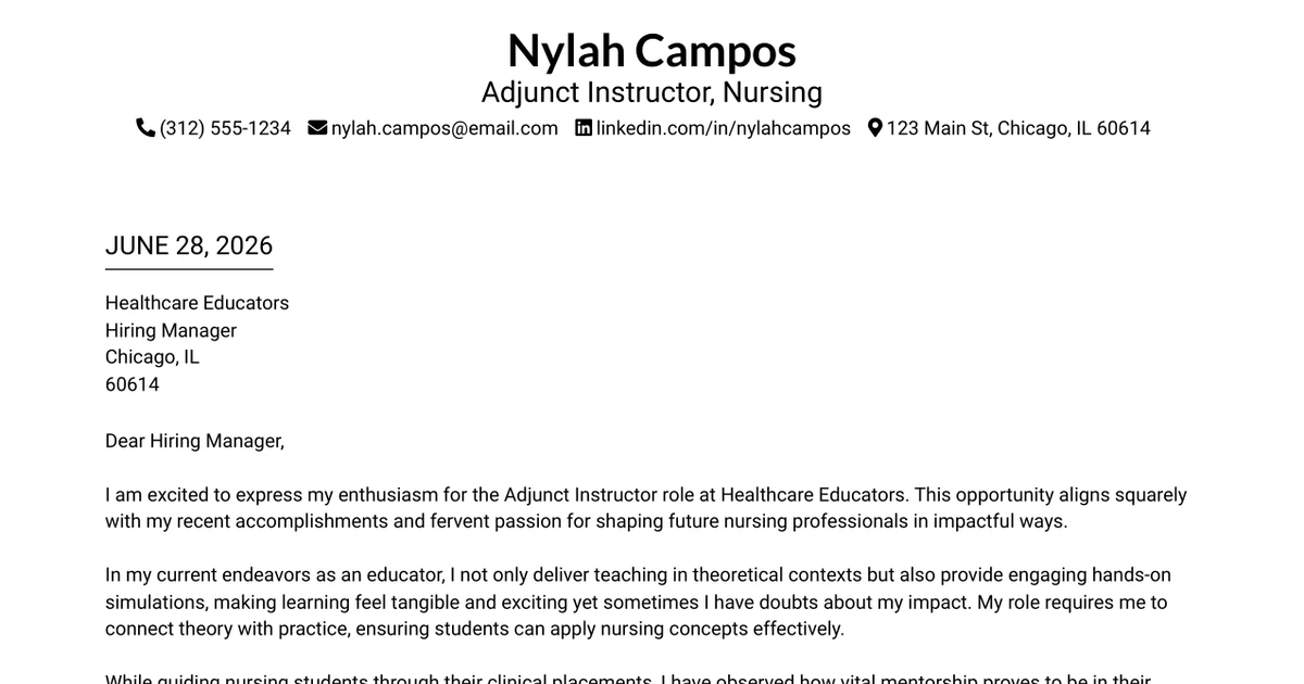 30+ Adjunct Instructor, Nursing Cover Letter Templates with Example
